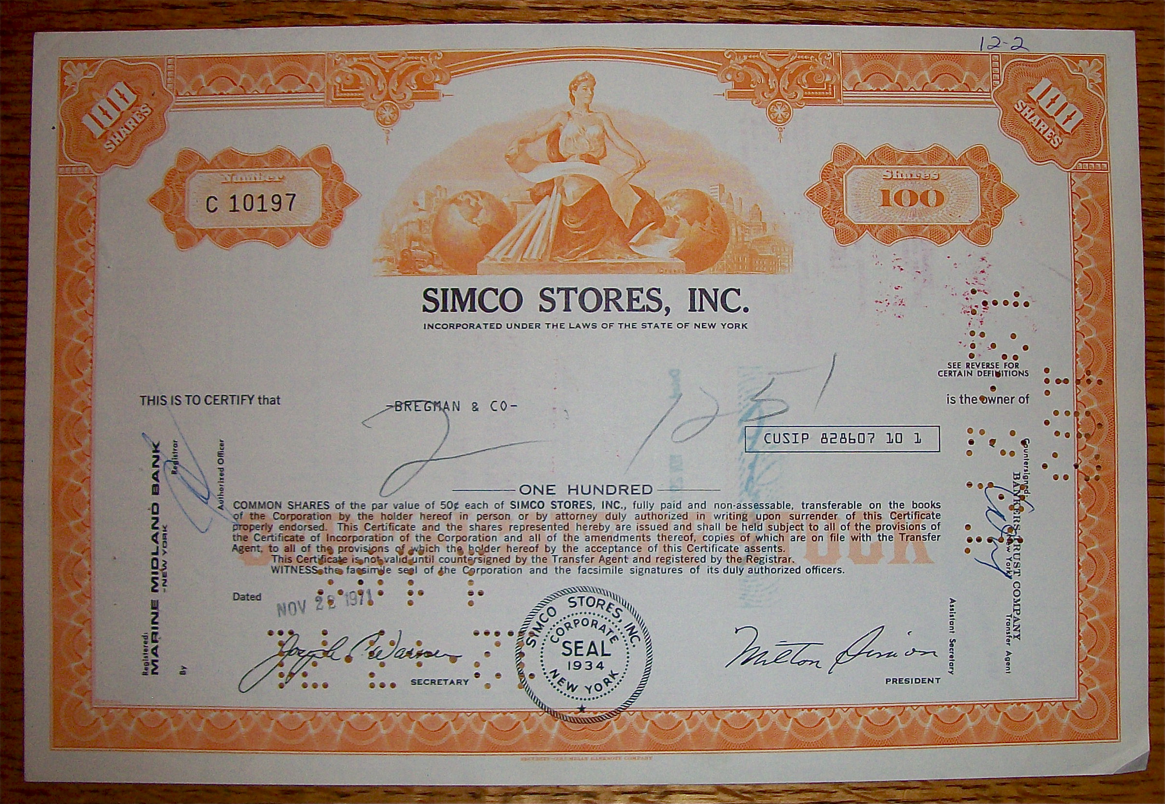 1971 Simco Stores Inc. Stock Certificate