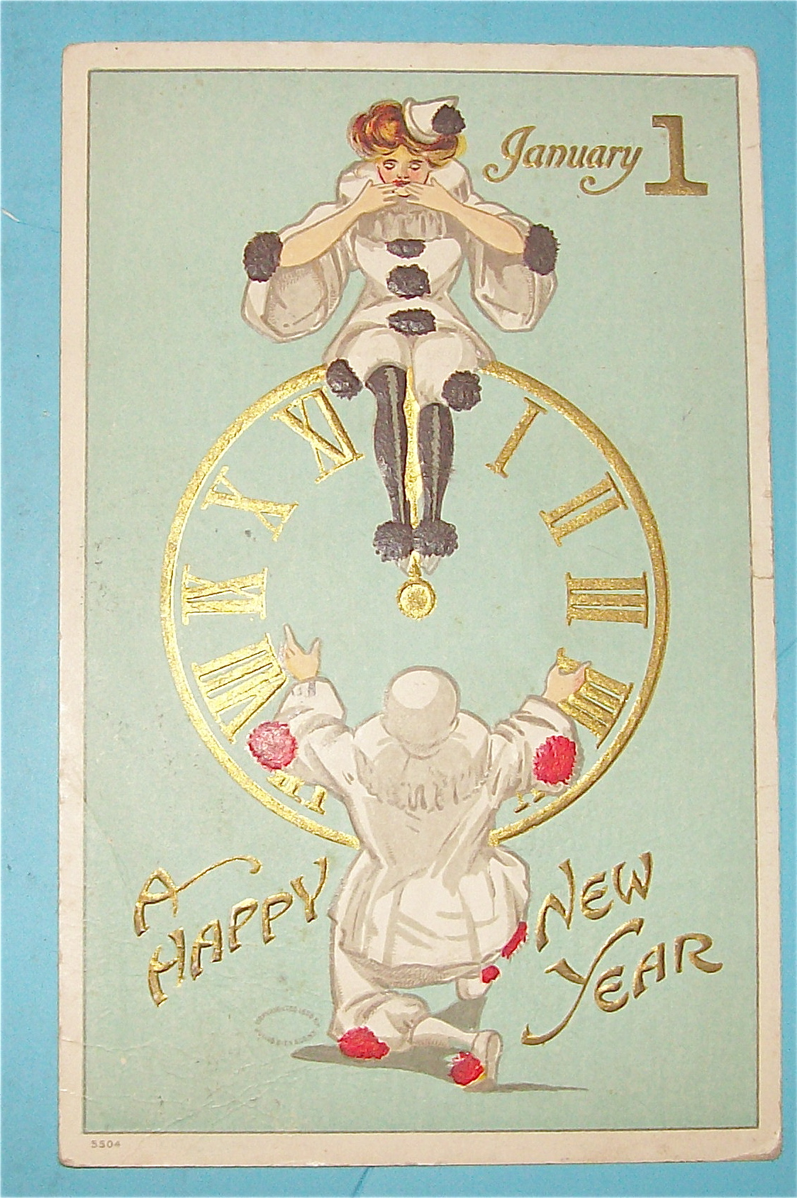 2 Clowns With A Clock Postcard (Happy New Year)