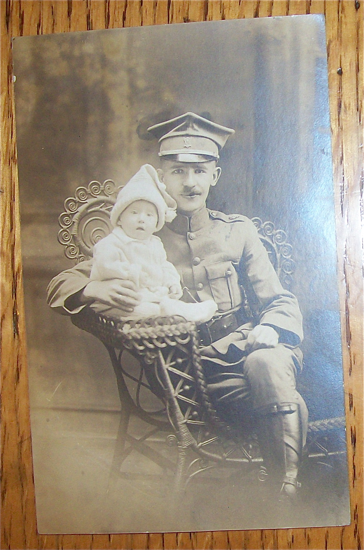 Vintage Photo Military Man Holding His Child Postcard