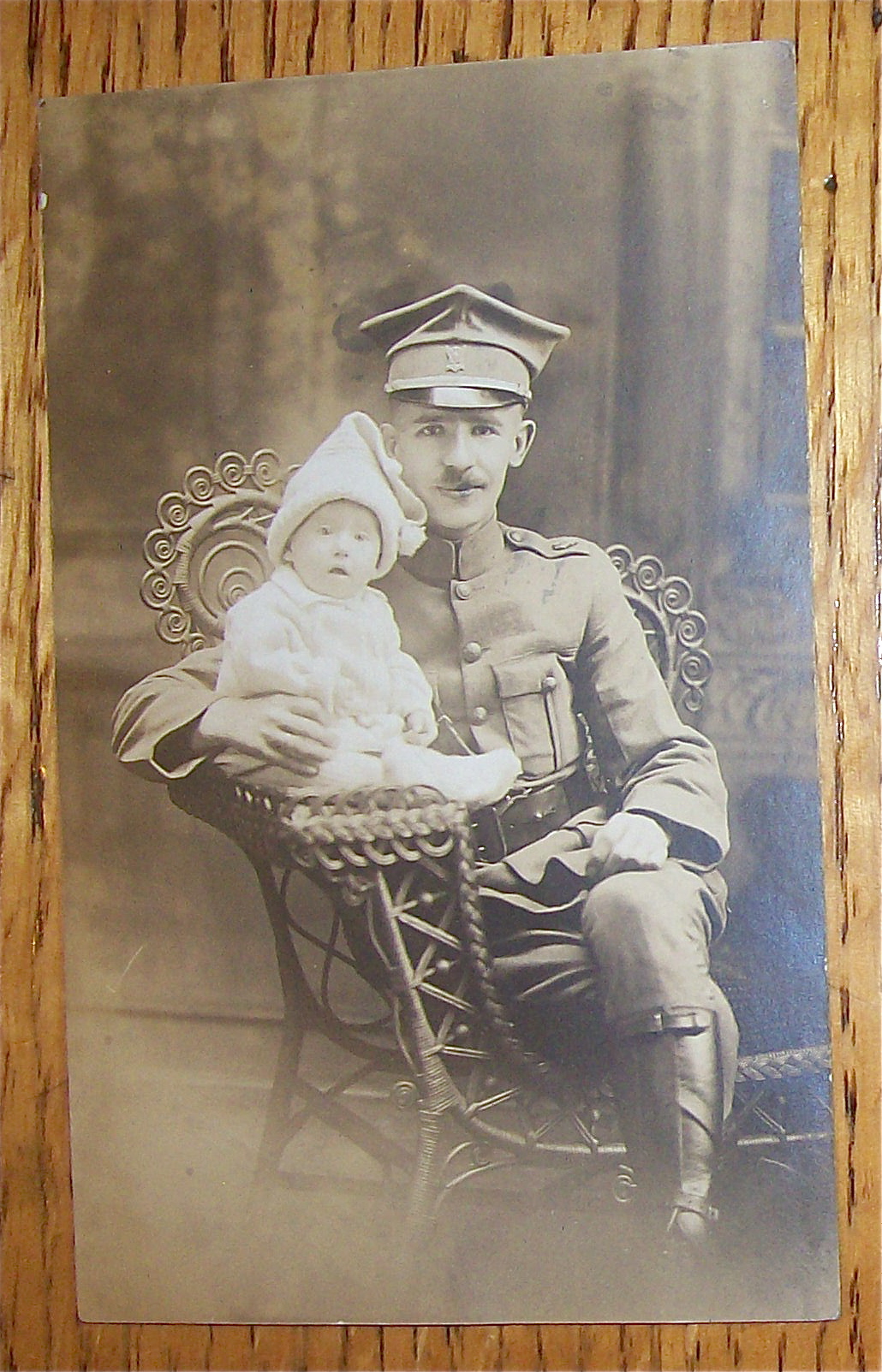 Vintage Photo Military Man Holding His Child Postcard