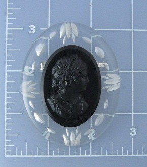 Bakelite Lucite Brooch Black and Clear Cameo Pin