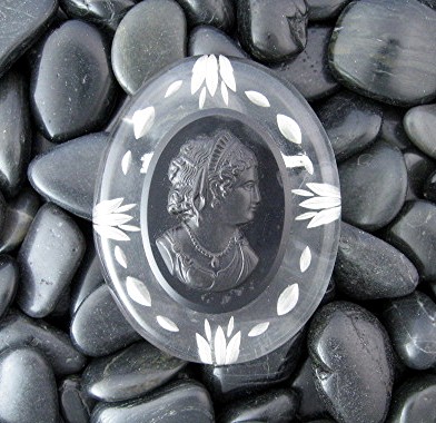 Bakelite Lucite Brooch Black and Clear Cameo Pin