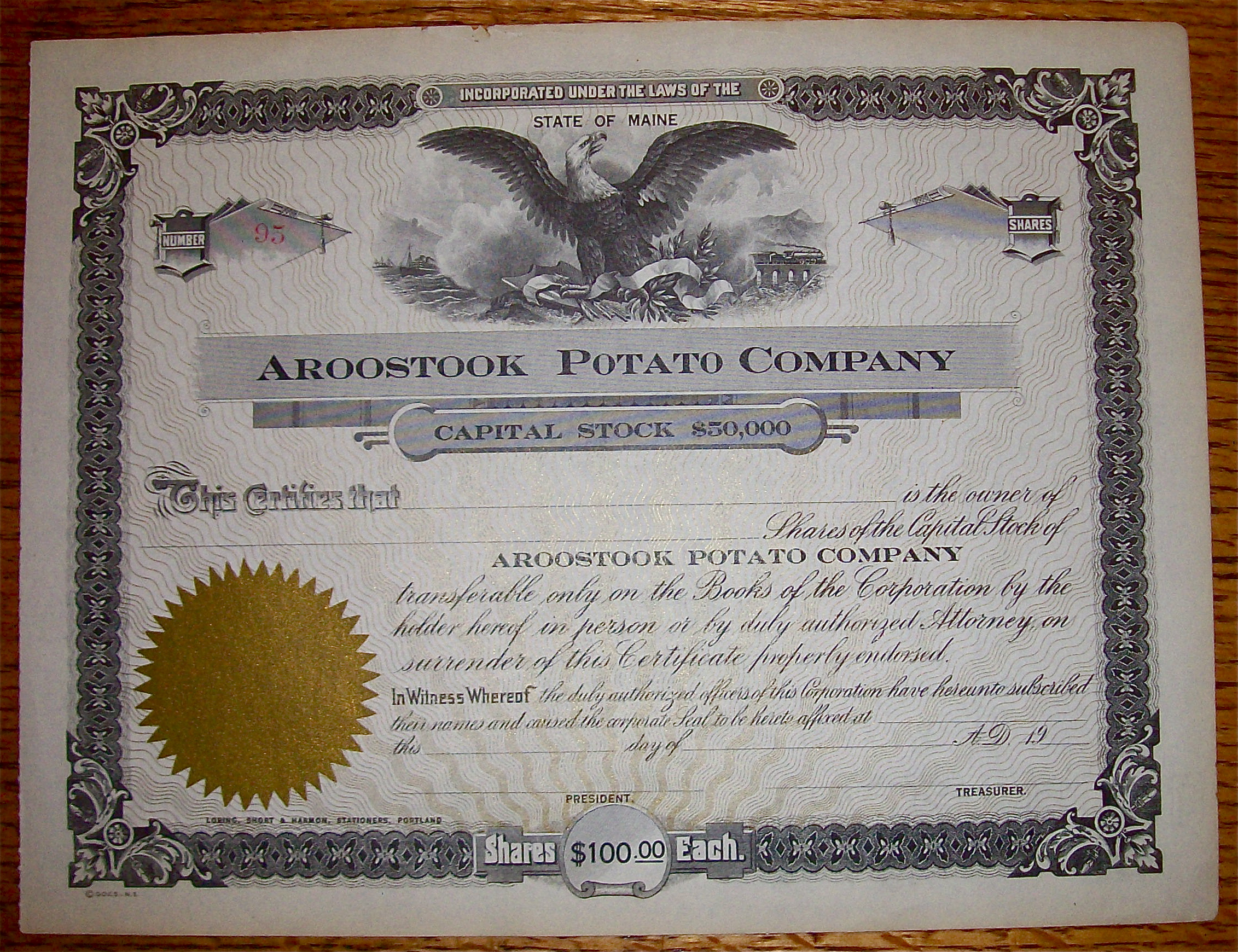 1900's Aroostock Potato Company Stock Certificate