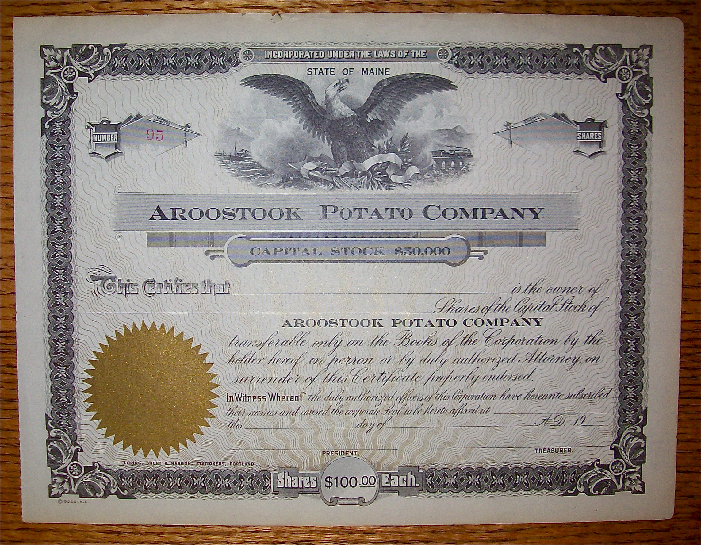 1900's Aroostock Potato Company Stock Certificate