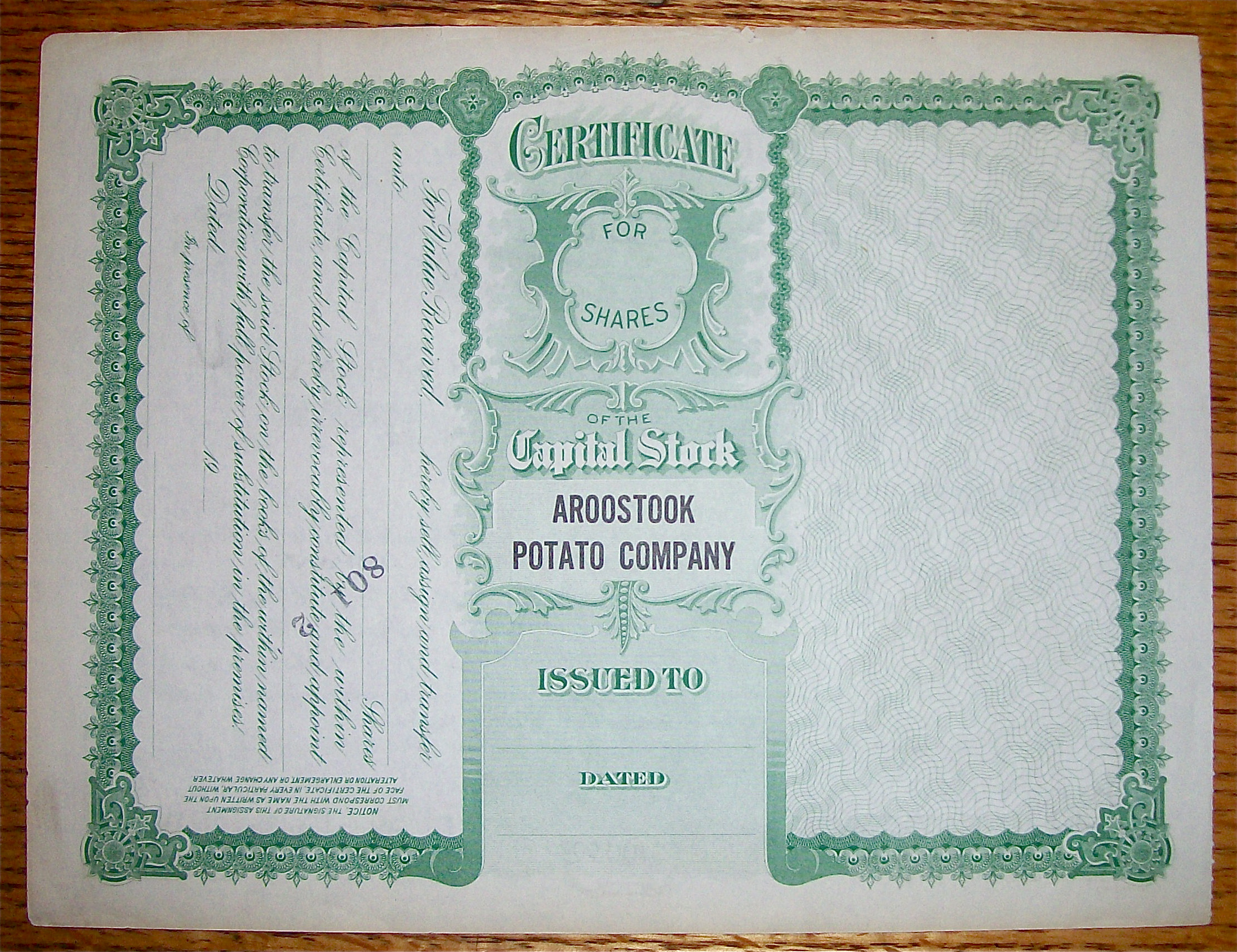 1900's Aroostock Potato Company Stock Certificate