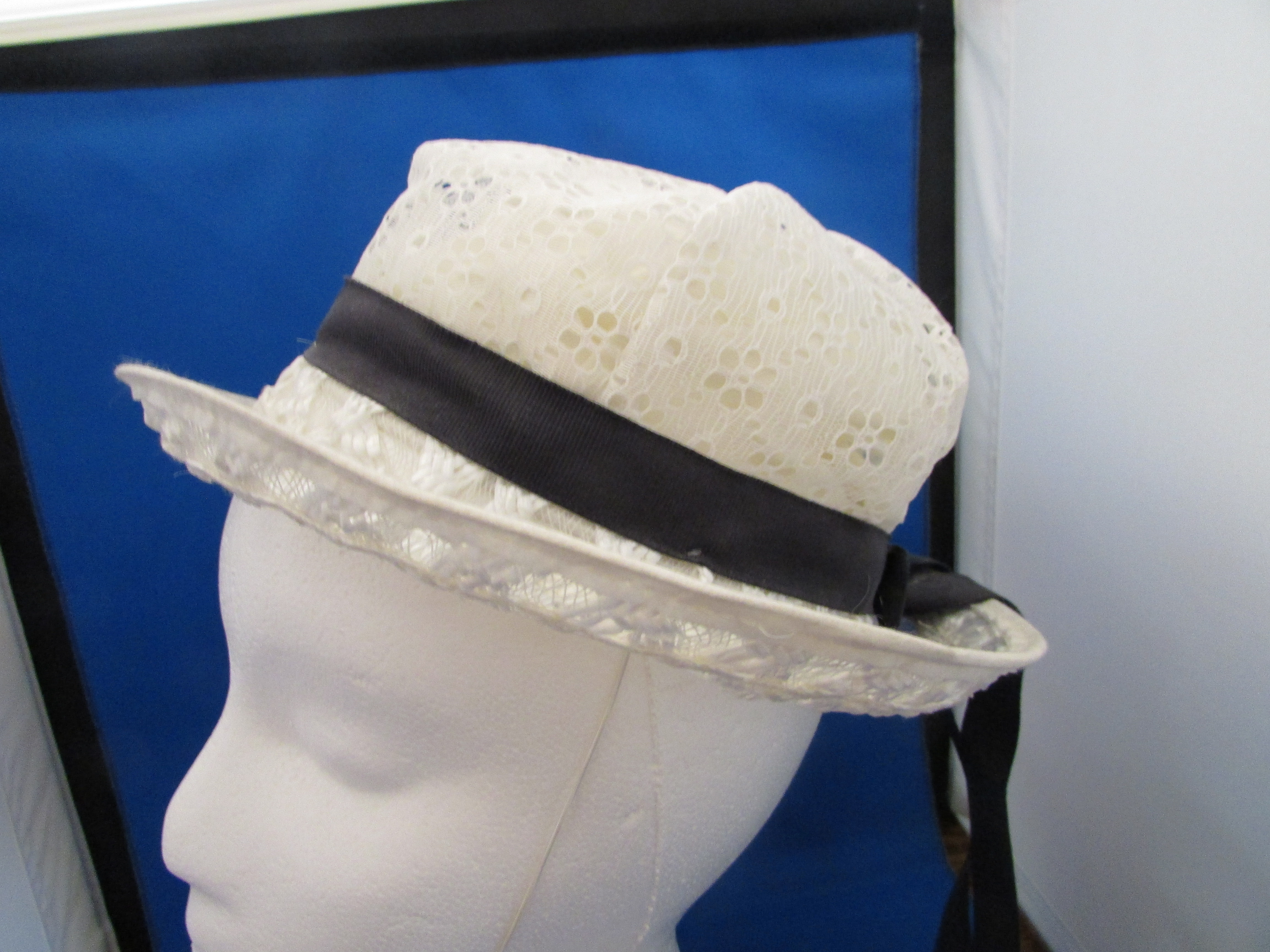 White Lace and Straw Hat with Ribbon