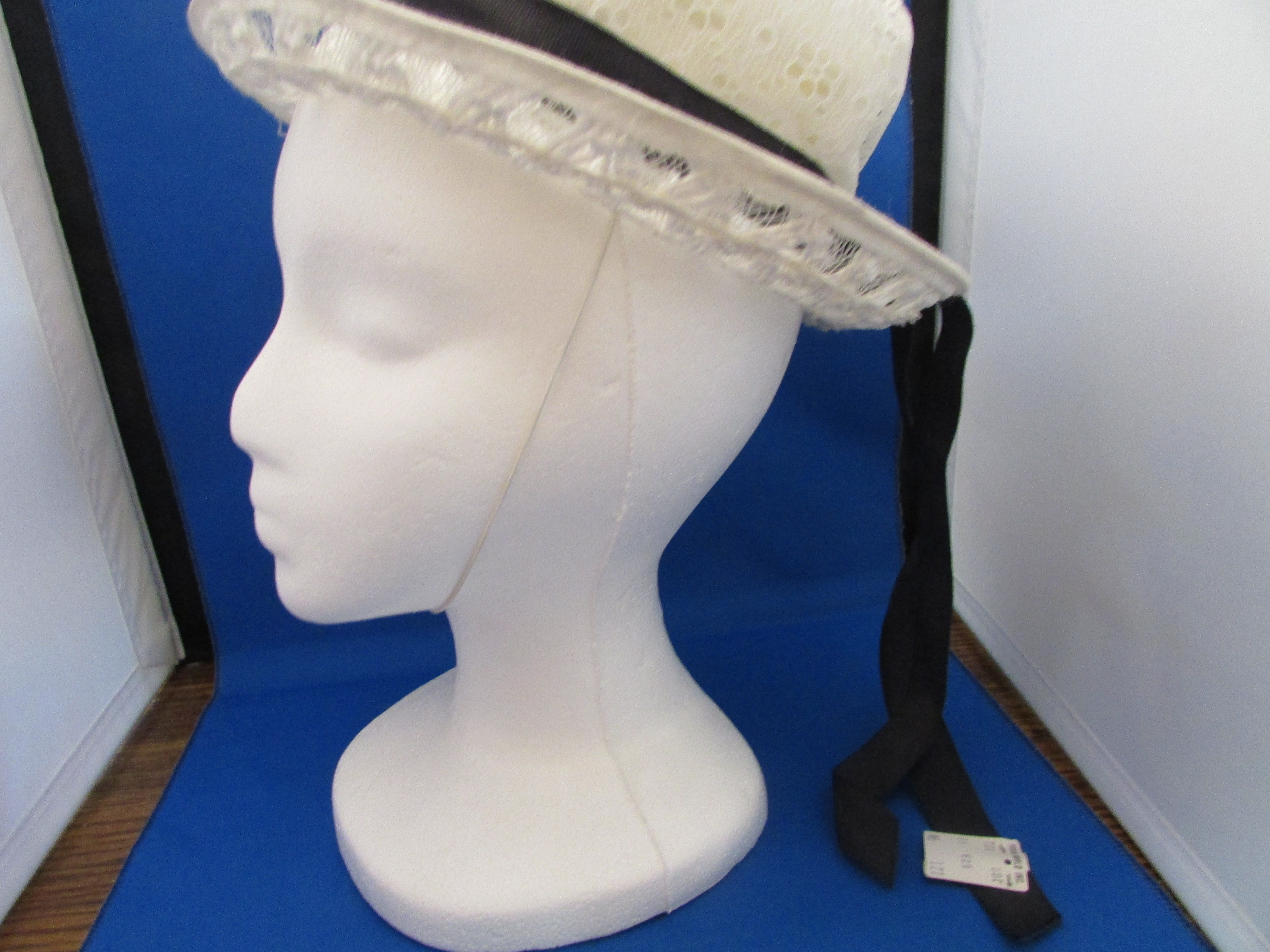 White Lace and Straw Hat with Ribbon