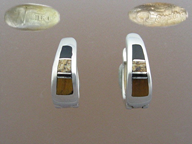 Sterling Silver Onyx Tiger eye Inlay Huggie Earrigs