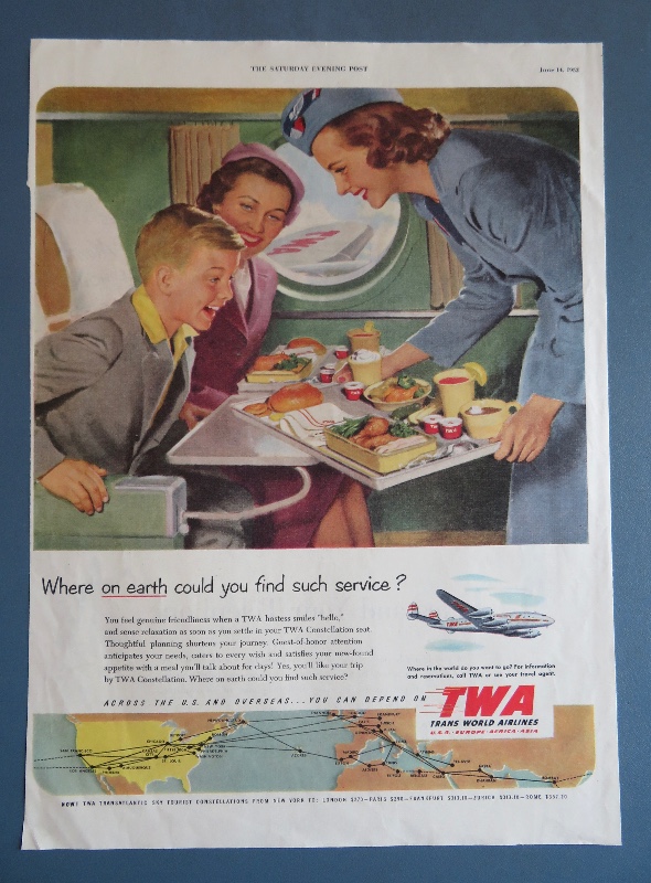 1952 TWA (Trans World Airlines) with Stewardess Serving Little Boy His Dinner