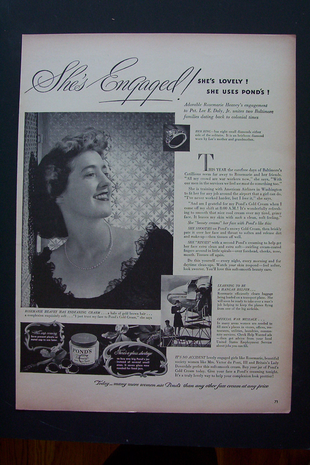 1943 Pond's Cold Cream with Woman Uses Cold Cream