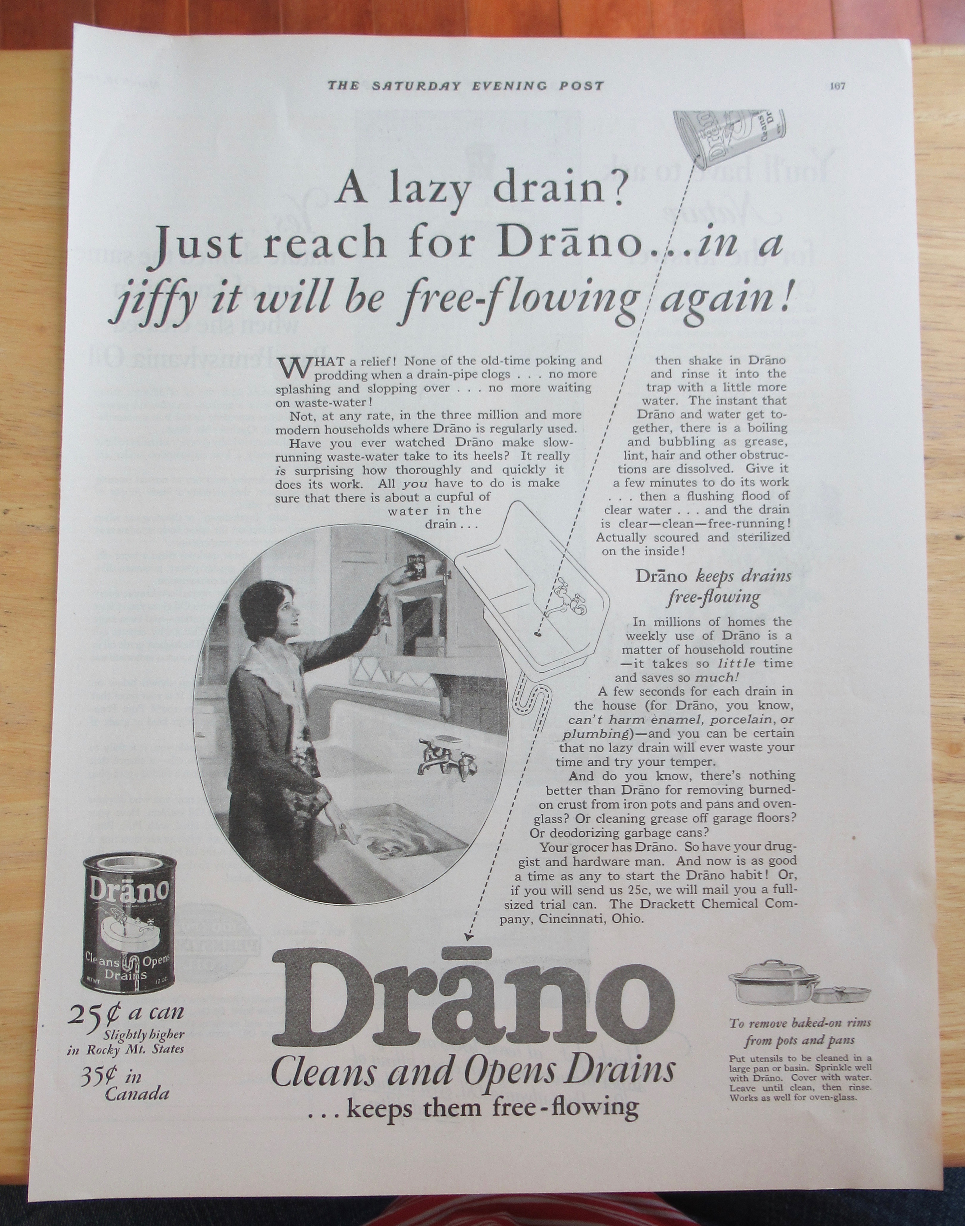 1928 Drano Drain Opener with Woman Clearing Her Sink