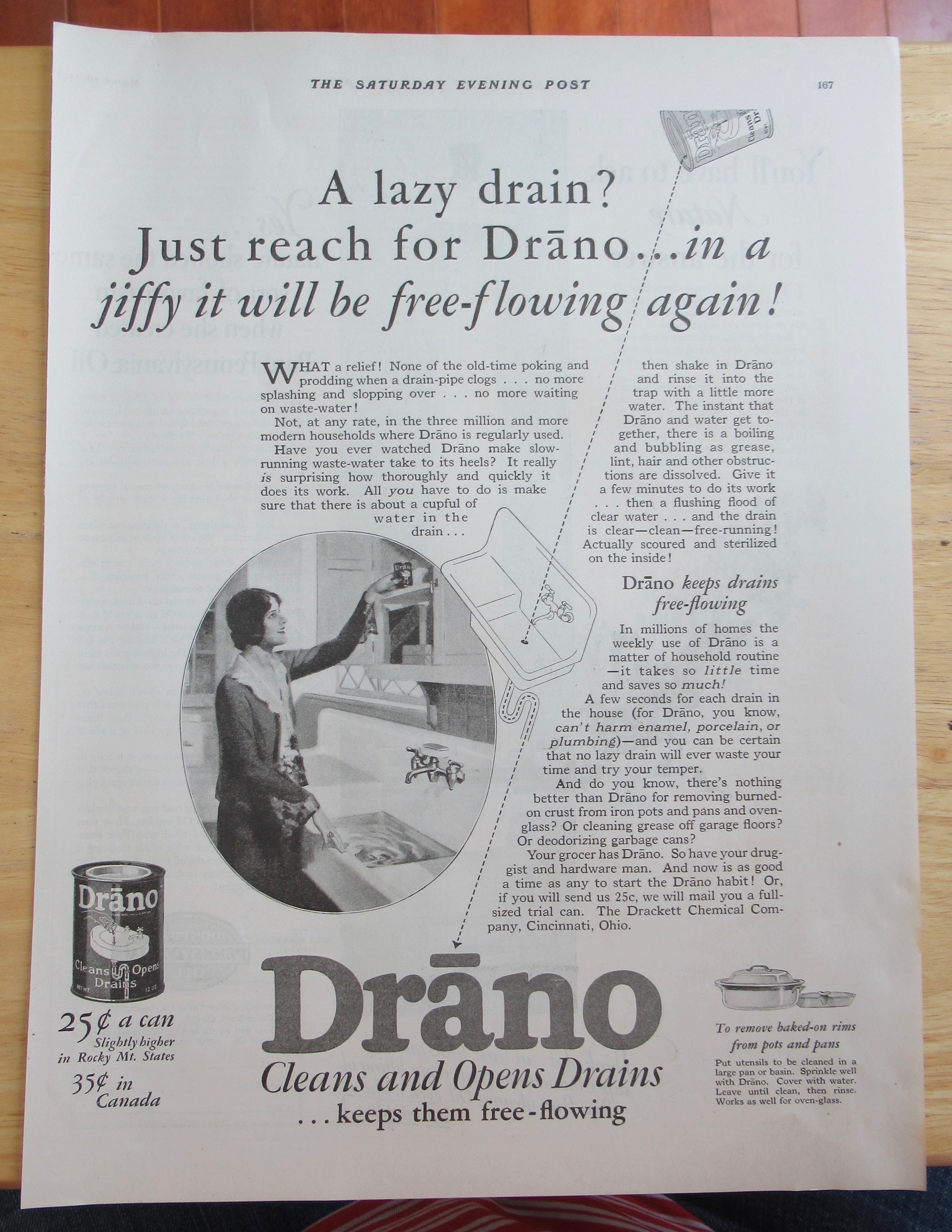 1928 Drano Drain Opener with Woman Clearing Her Sink