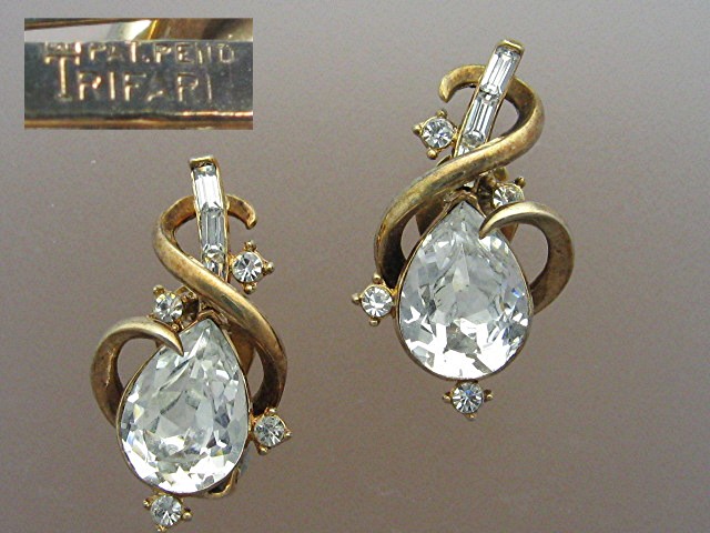 Earrings Crystal Gold Crown Trifari pat pending Clip