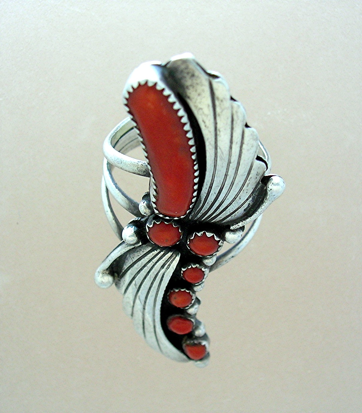 Navajo Coral Sterling Silver Signed DTN Ring