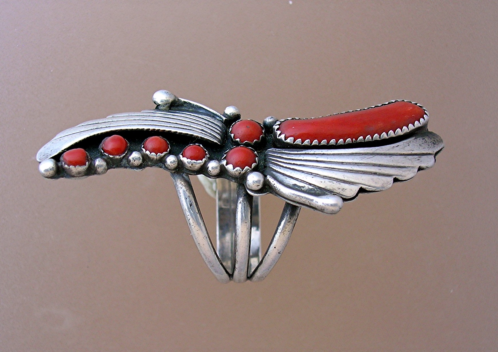 Navajo Coral Sterling Silver Signed DTN Ring