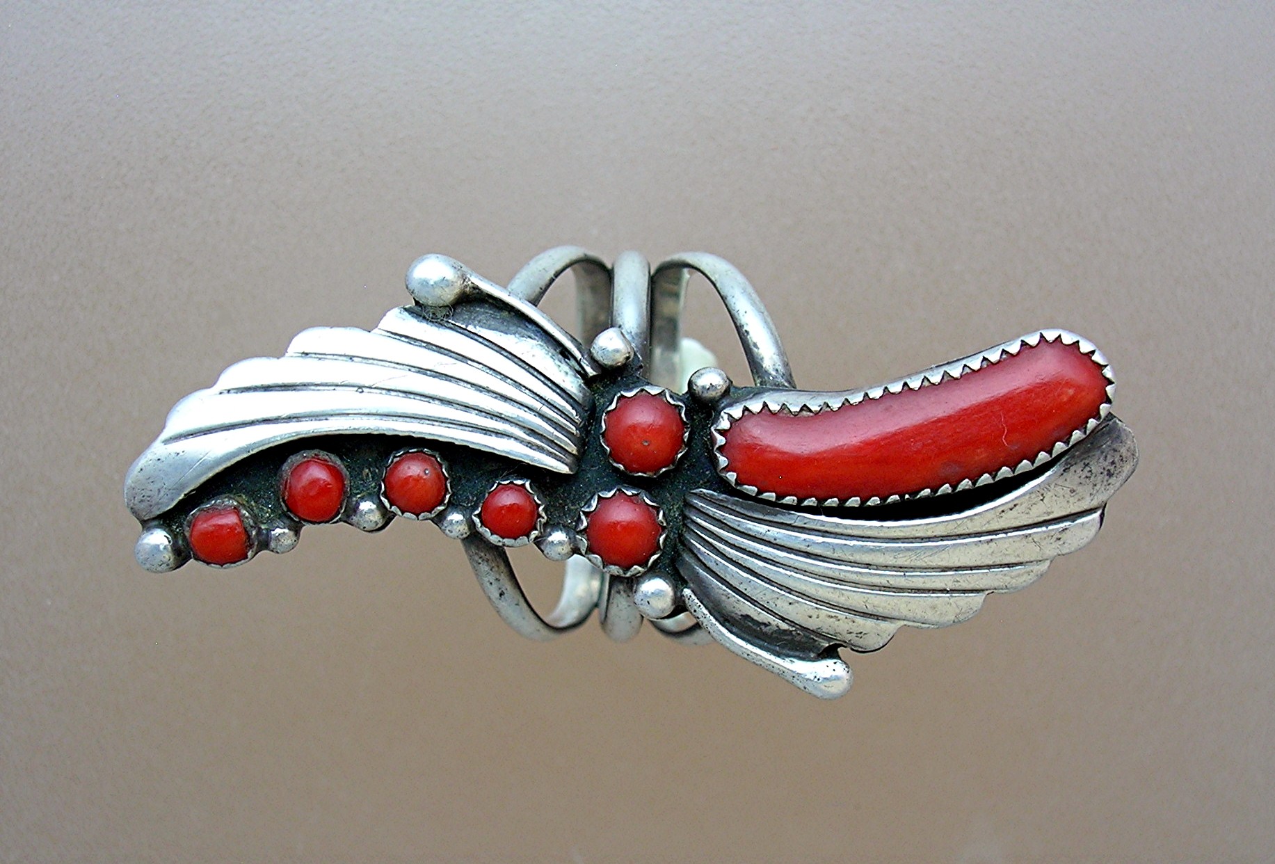 Navajo Coral Sterling Silver Signed DTN Ring