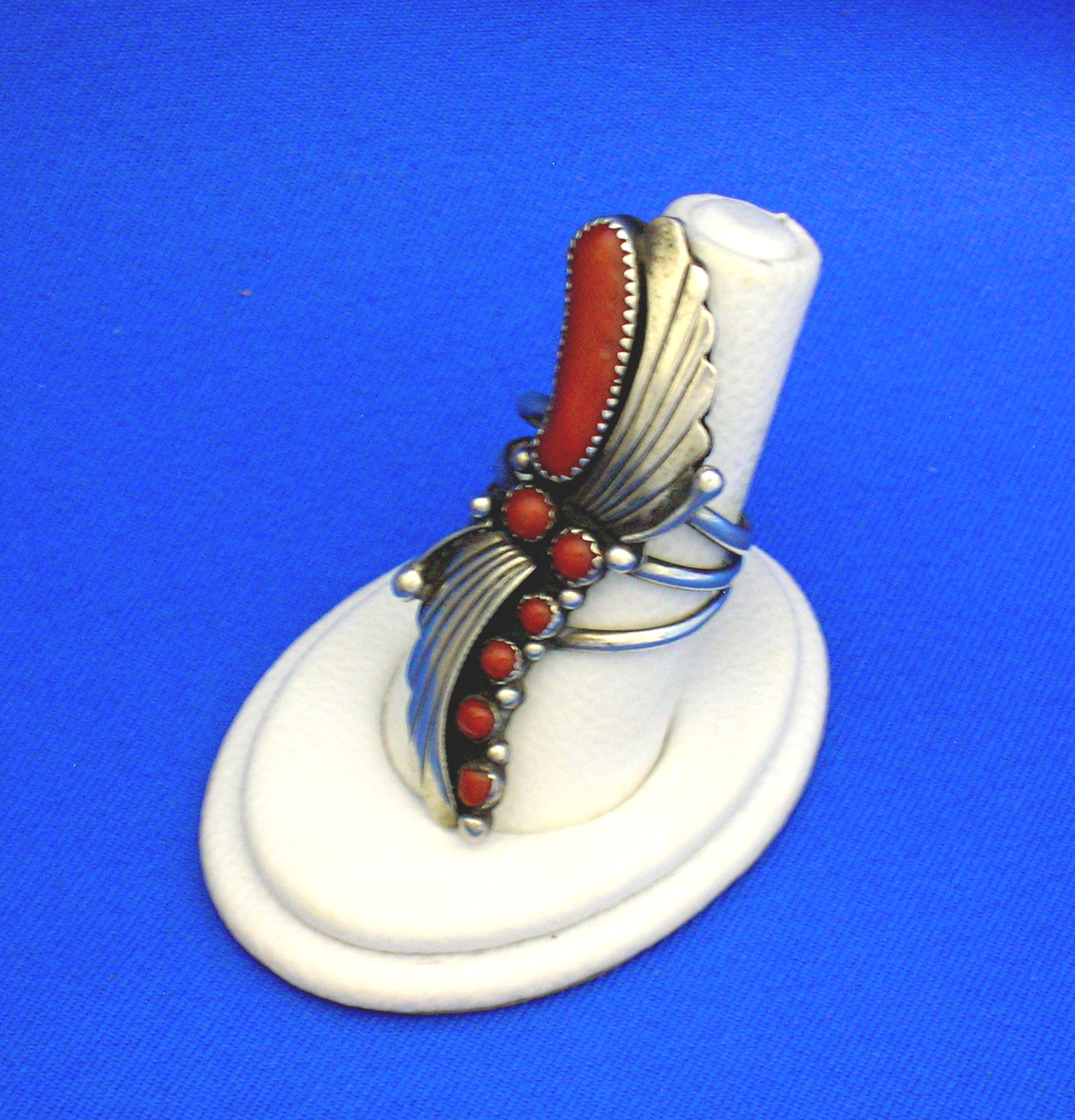 Navajo Coral Sterling Silver Signed DTN Ring