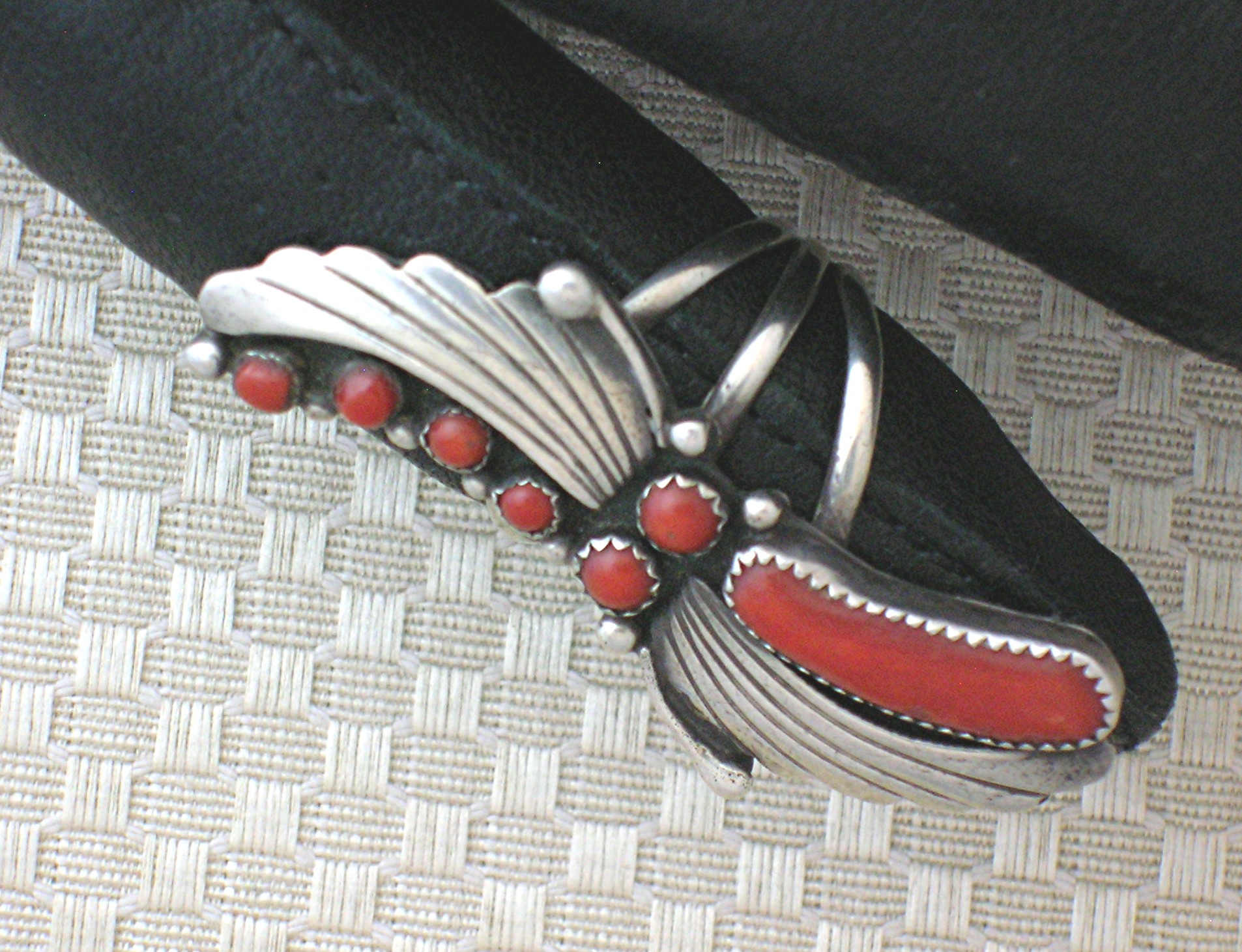 Navajo Coral Sterling Silver Signed DTN Ring