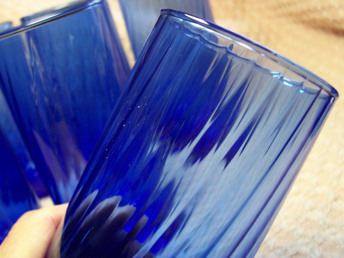 Cobalt Blue Glass Tumblers Ribbed Set of 8