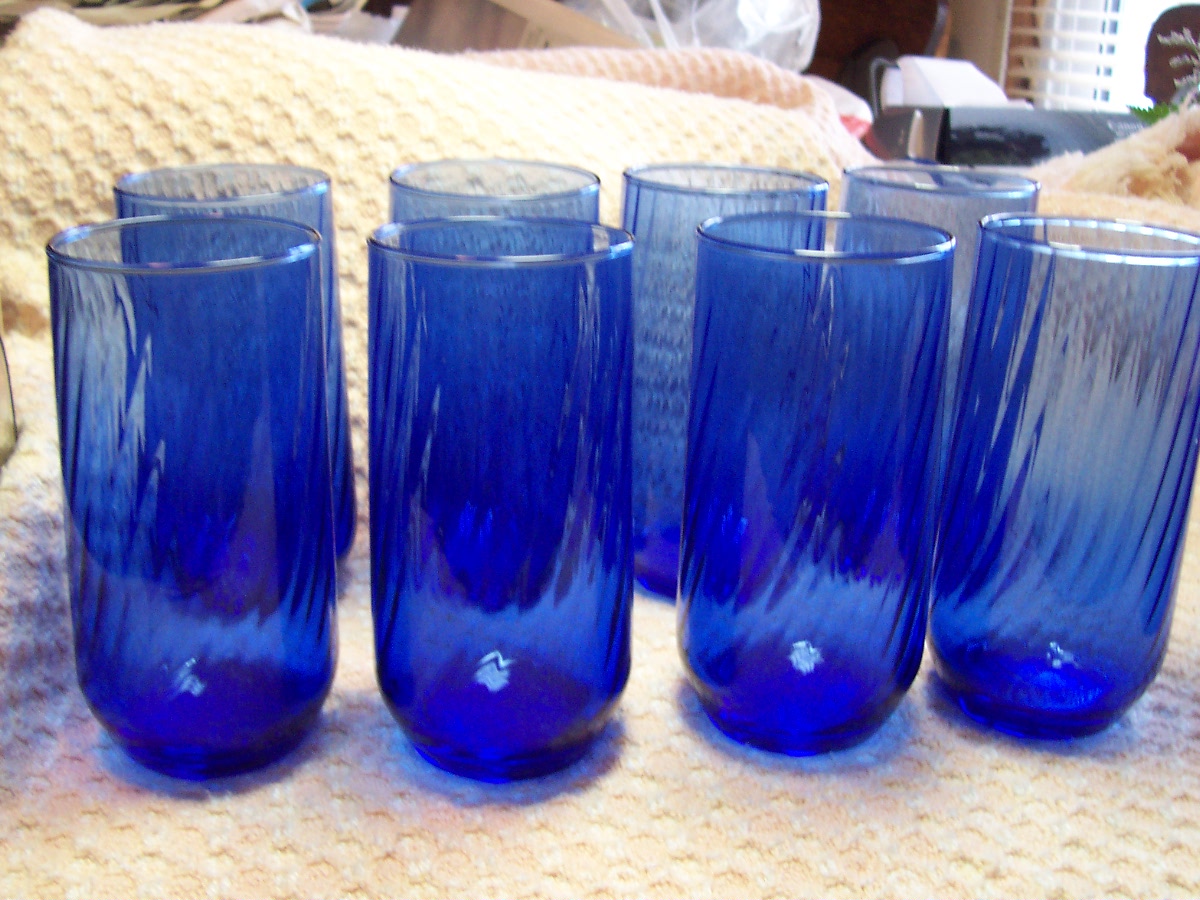 Cobalt Blue Glass Tumblers Ribbed Set of 8