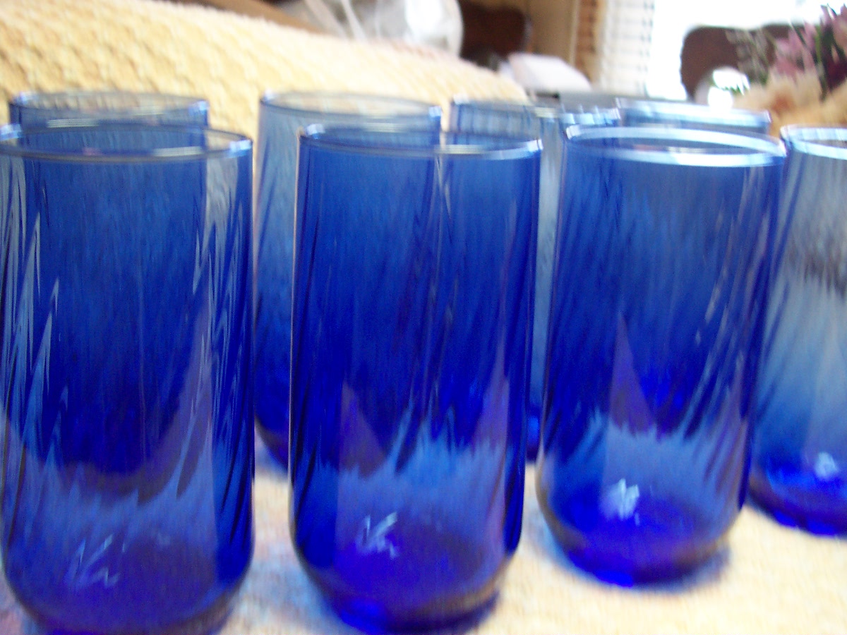 Cobalt Blue Glass Tumblers Ribbed Set of 8