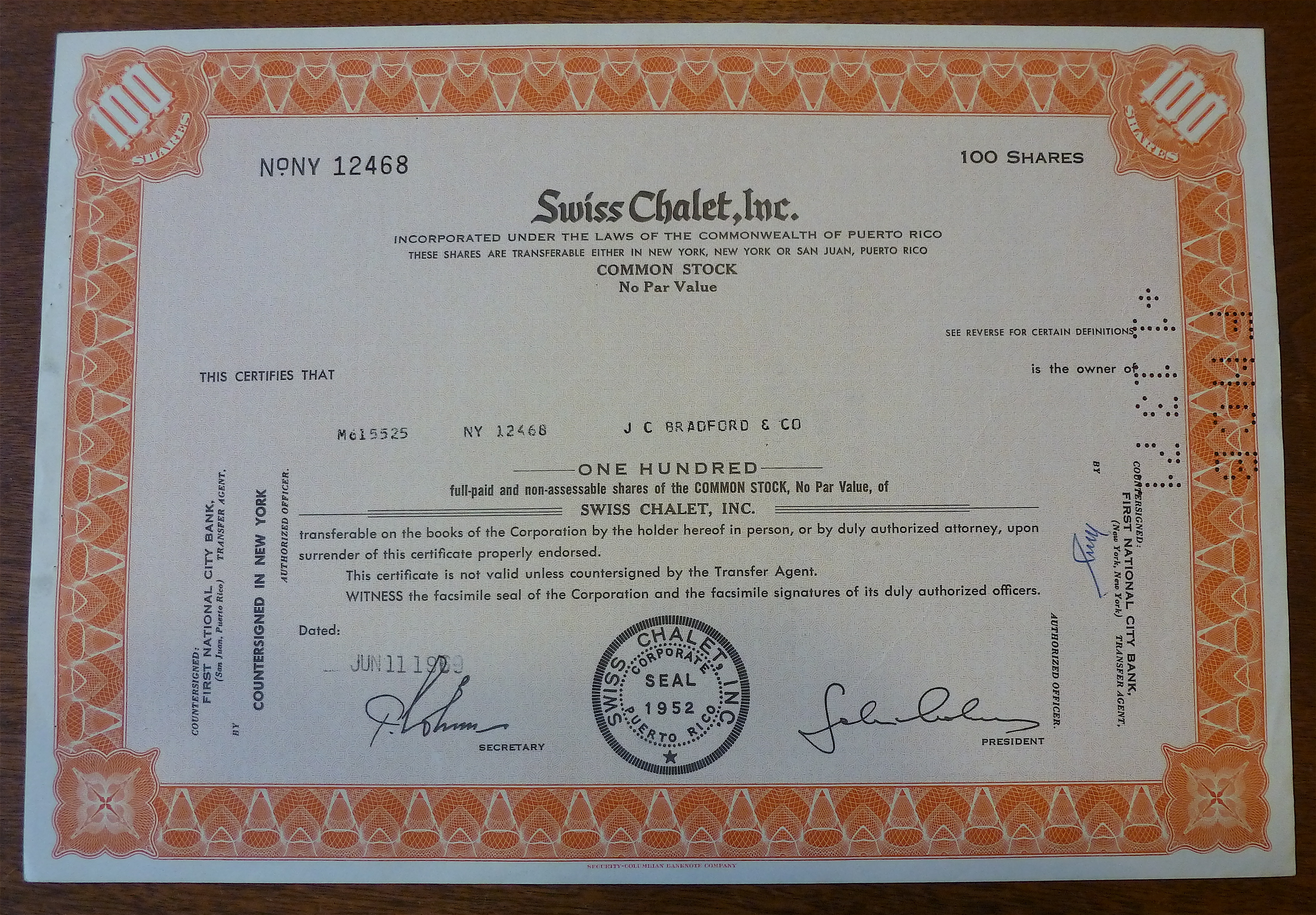 1969 Swiss Charlet Inc. Stock Certificate