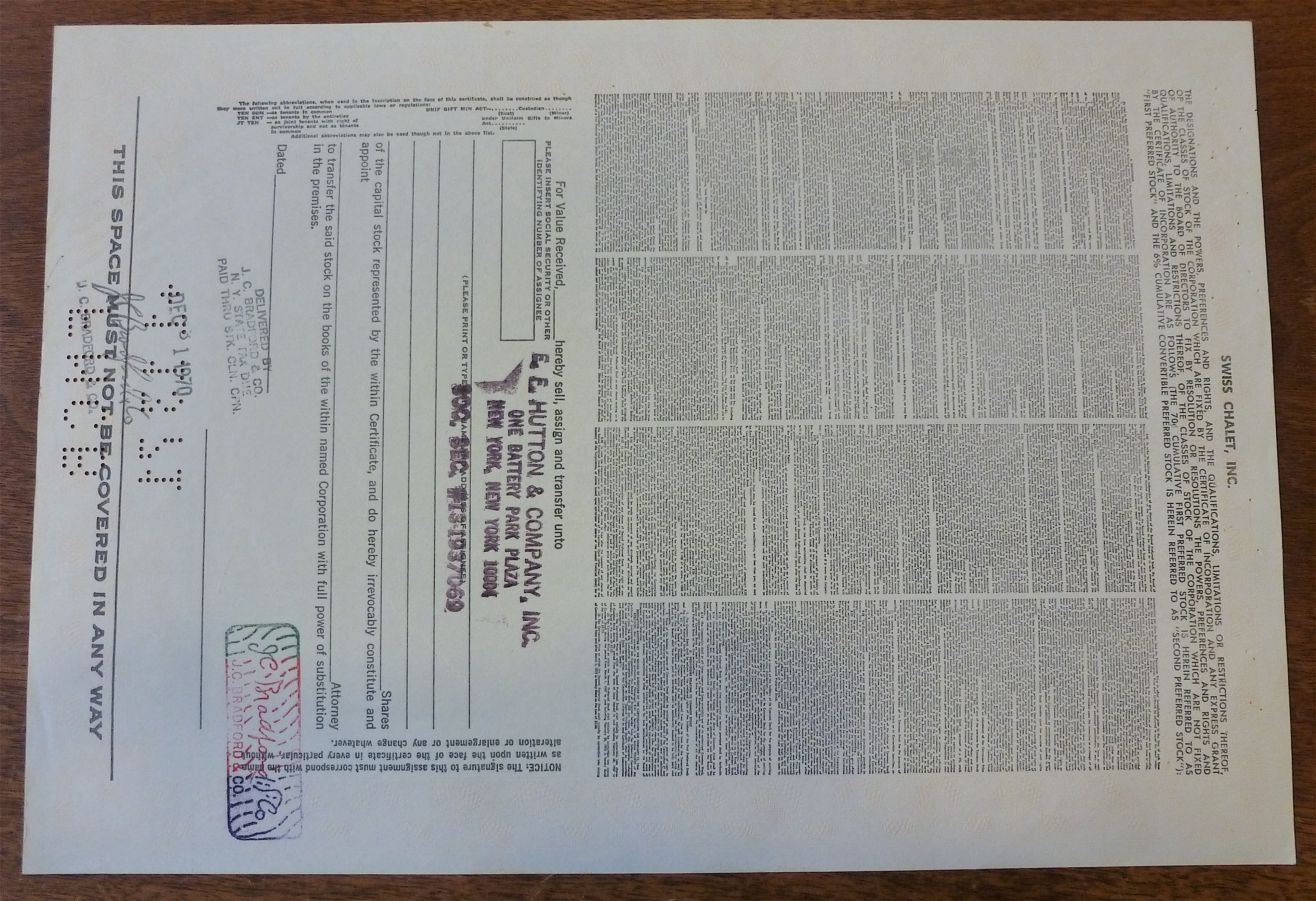 1969 Swiss Charlet Inc. Stock Certificate