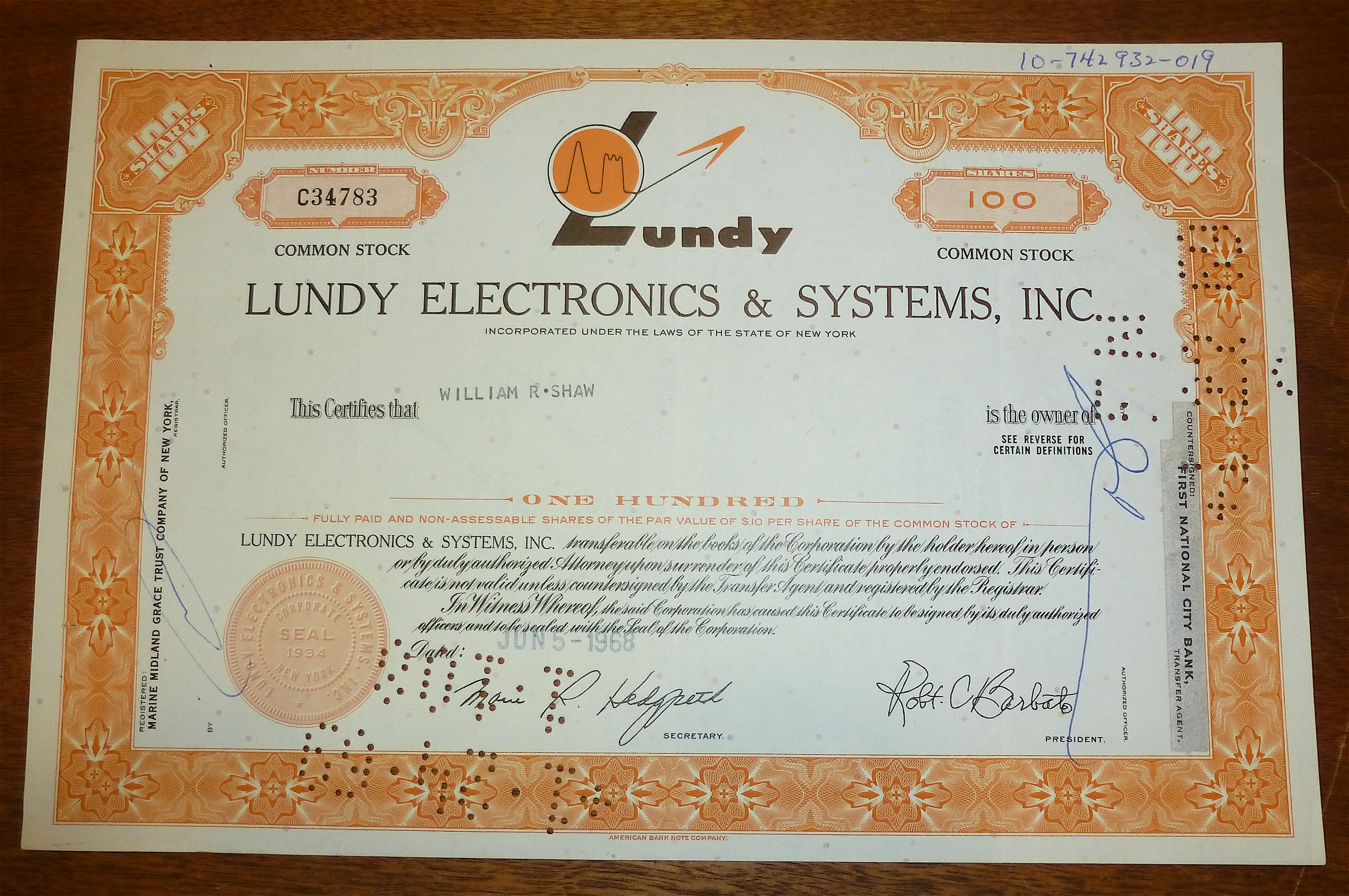 1968 Lundy Electronics & Systems Inc. Stock Certificate
