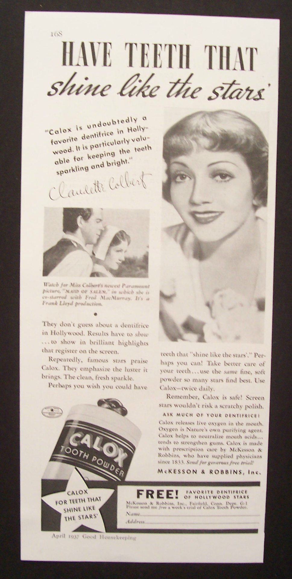 1937  Calox  Tooth  Powder  with  Claudette  Colbert