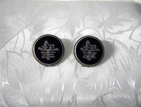 Sterling Silver Black Onyx Oriental Clip Earrings