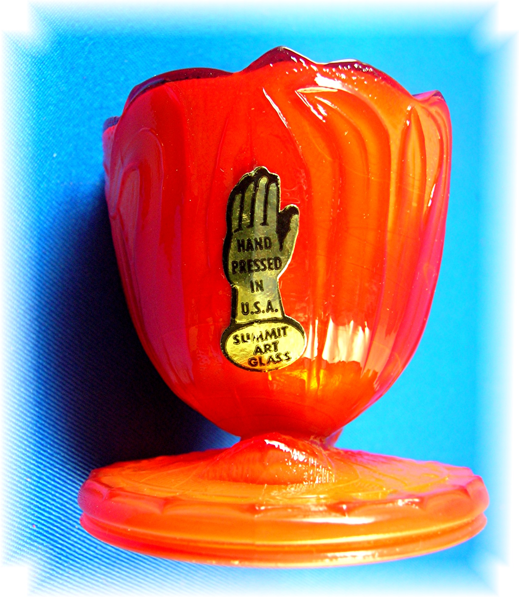 Rare Red Glass Egg Cup With Bird And Paper Label