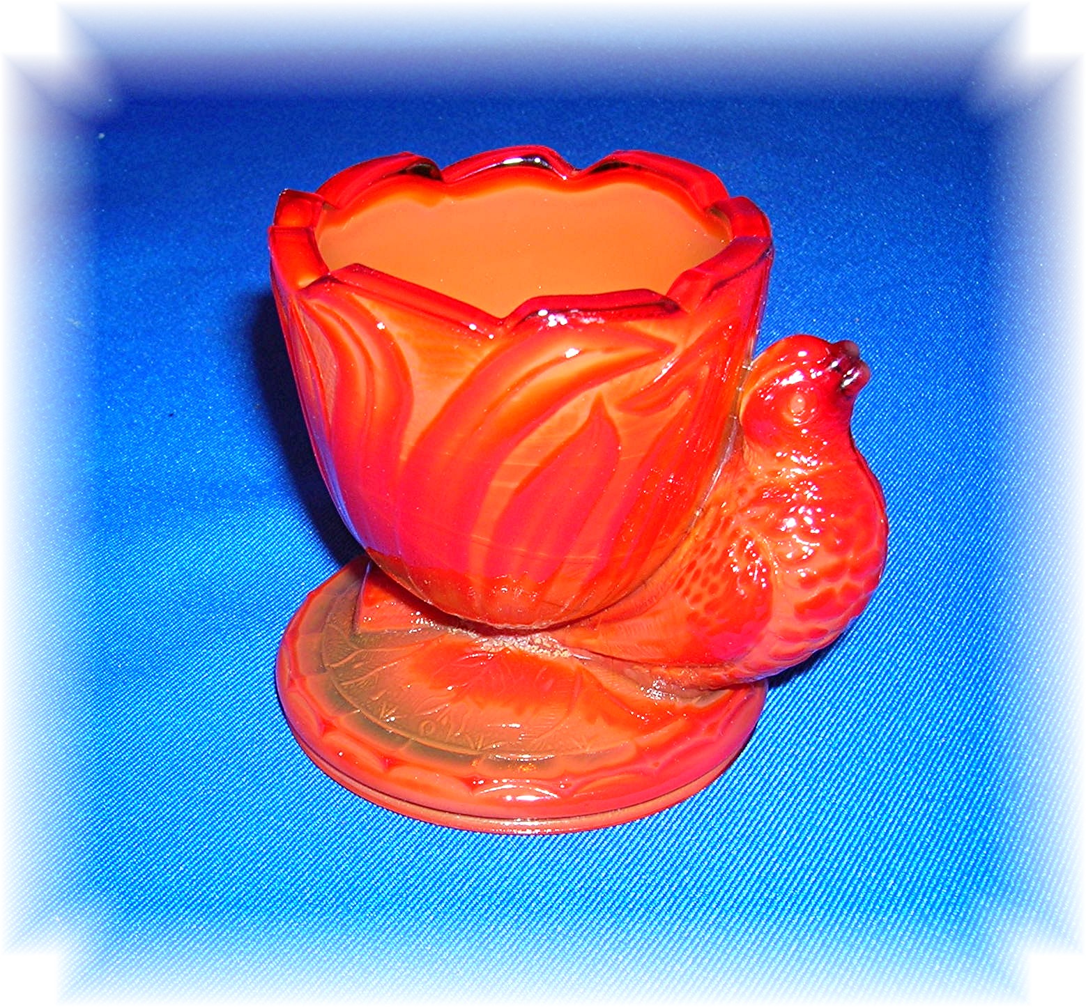 Rare Red Glass Egg Cup With Bird And Paper Label