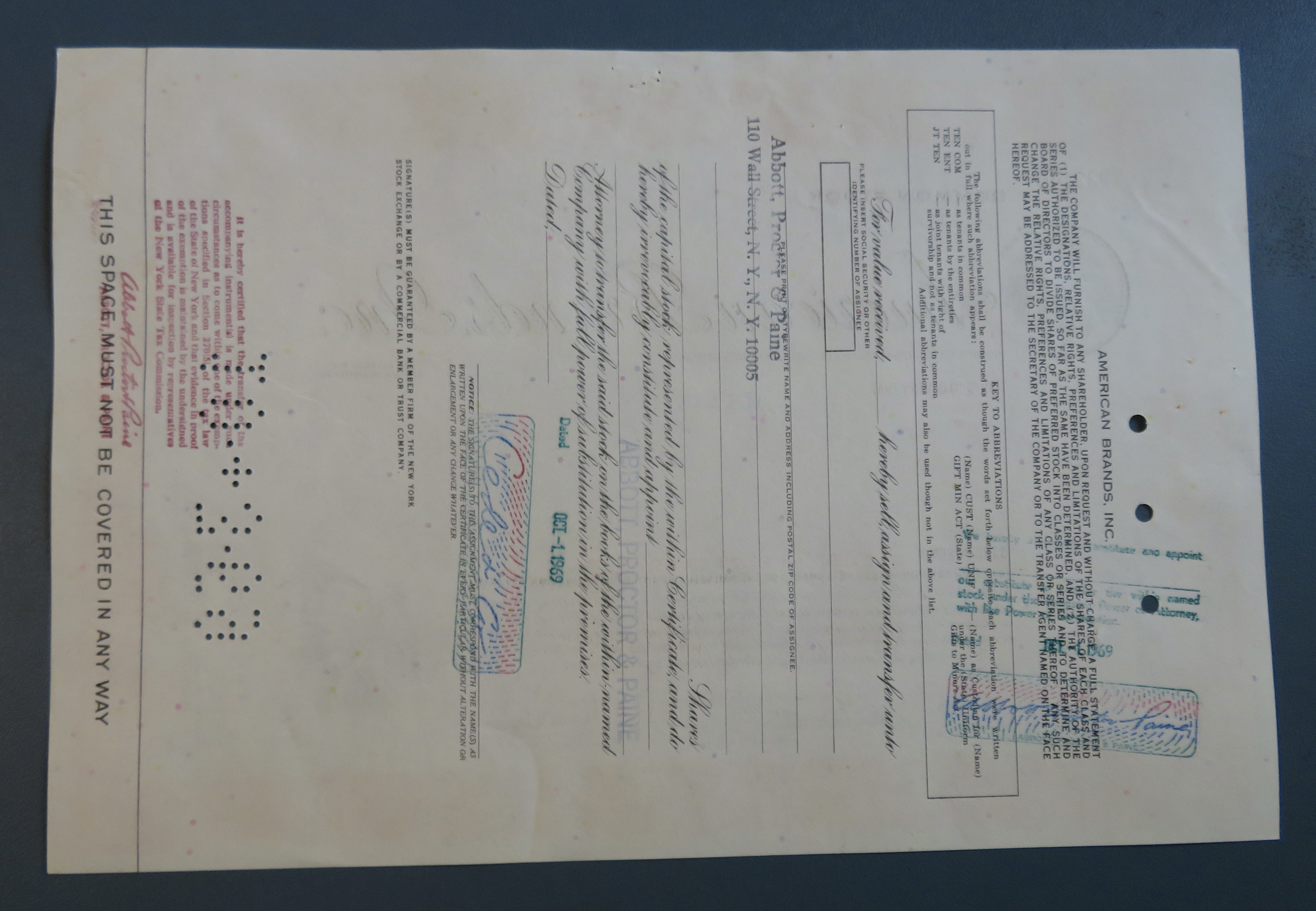 1969 American Brands Inc Stock Certificate