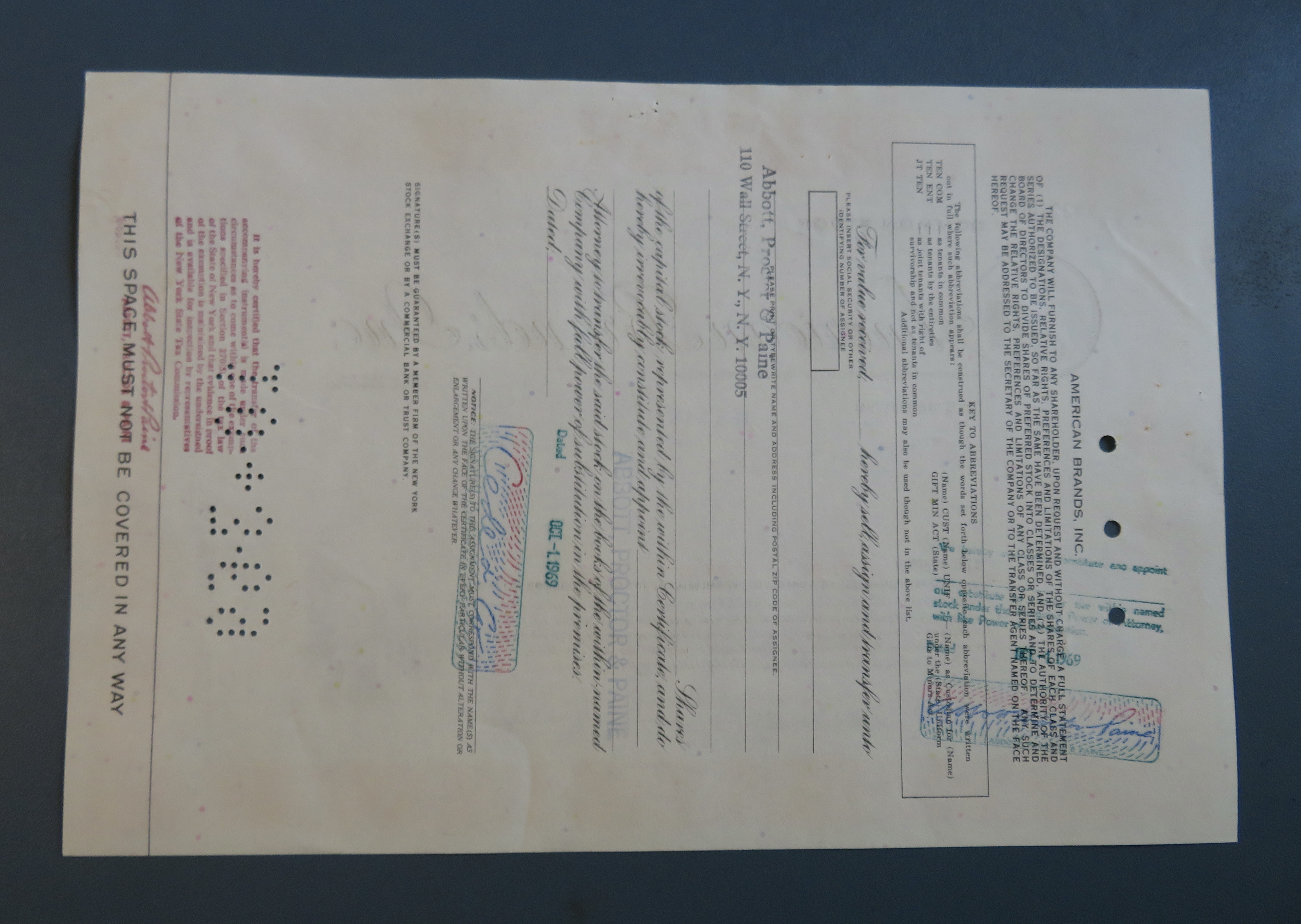 1969 American Brands Inc Stock Certificate