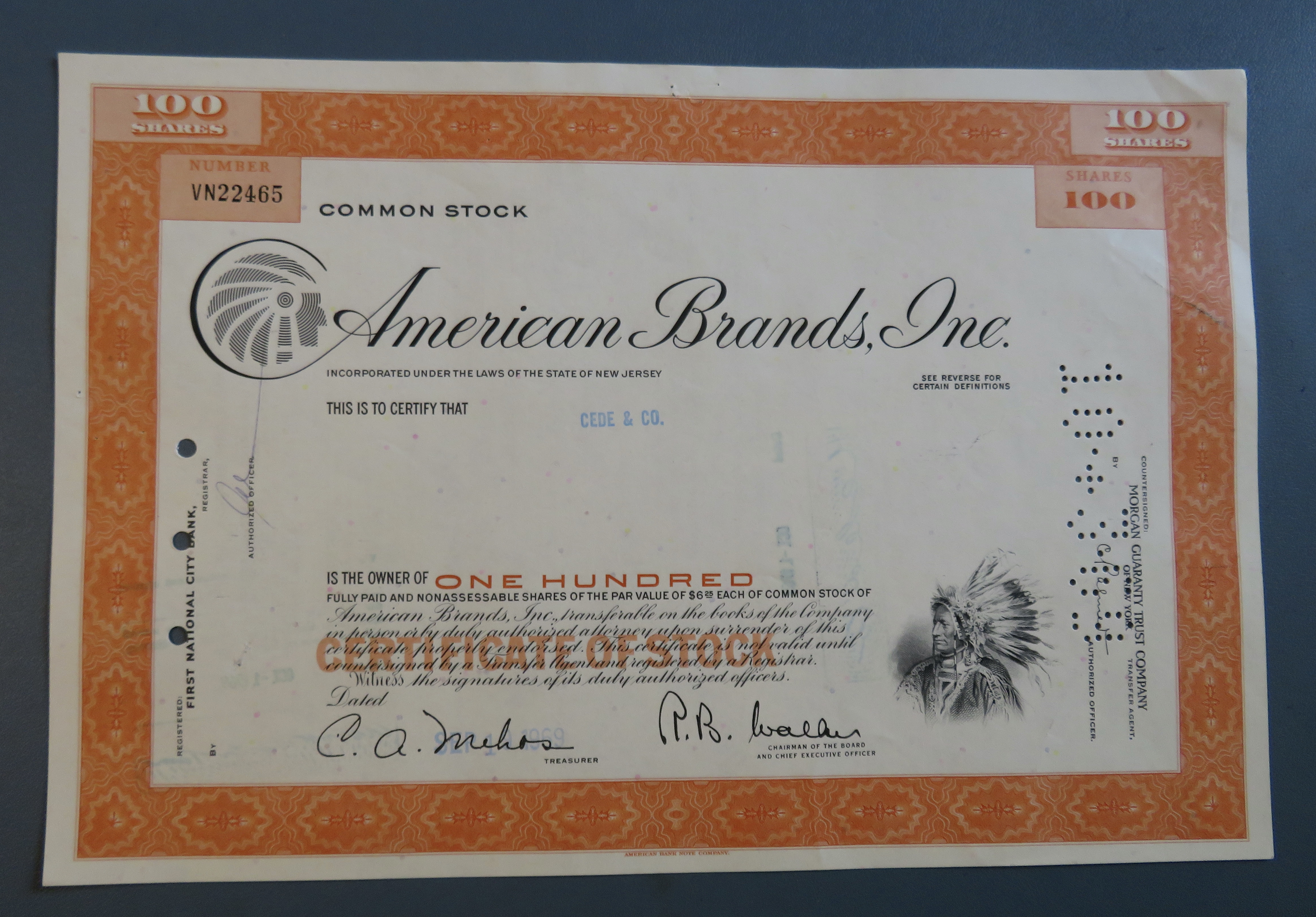 1969 American Brands Inc Stock Certificate