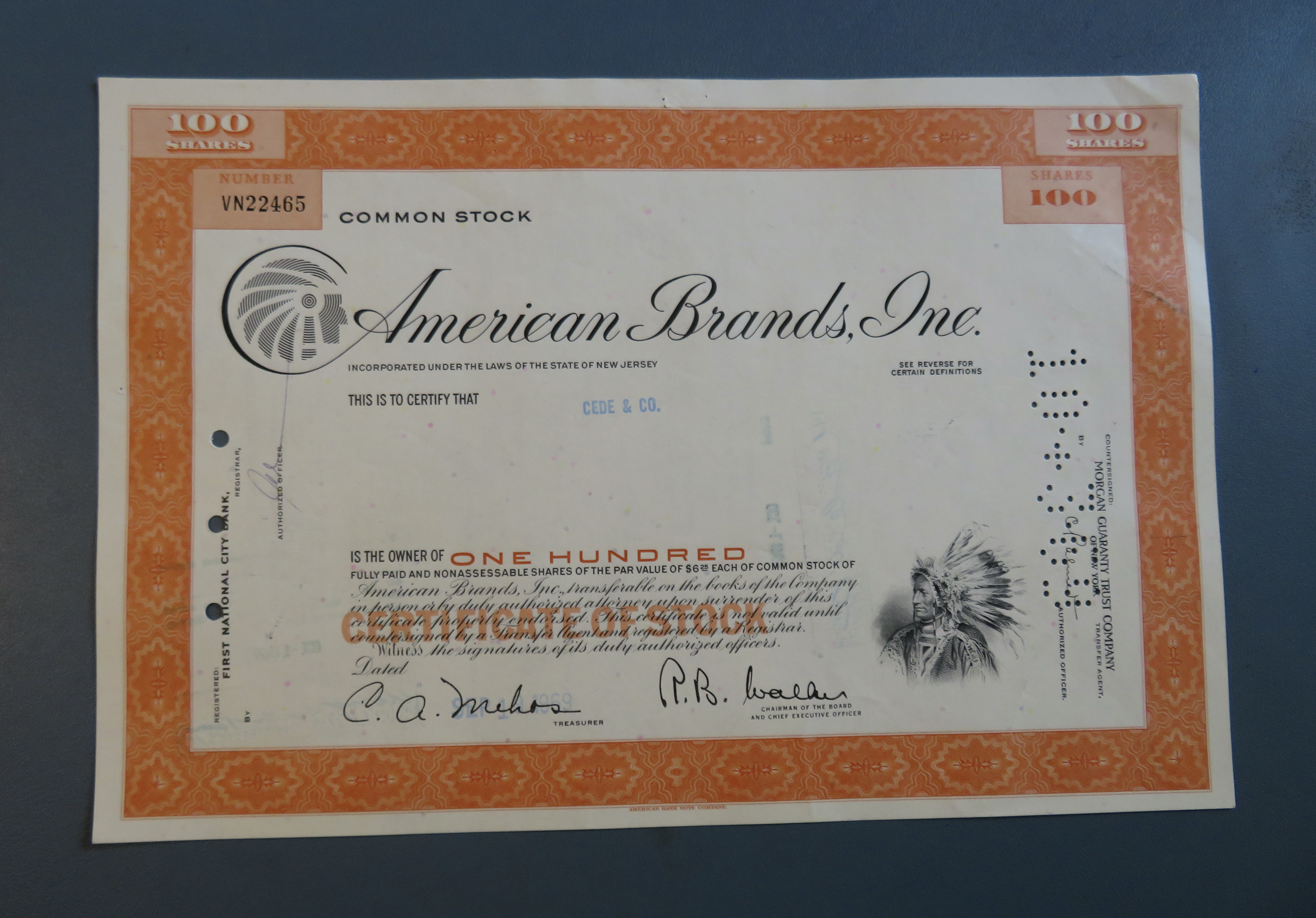 1969 American Brands Inc Stock Certificate