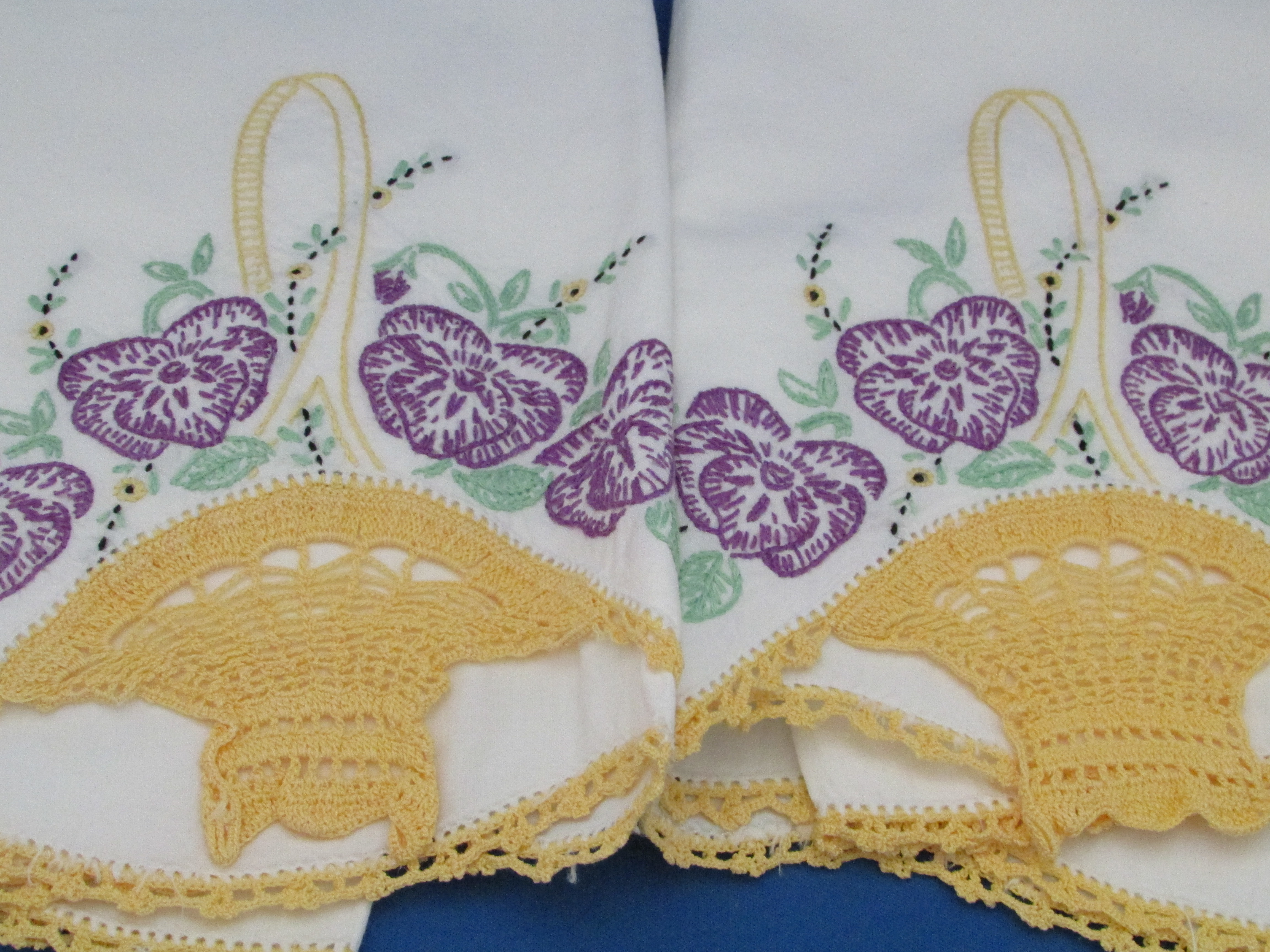 Basket Embroidered and Crocheted Pillow Cases
