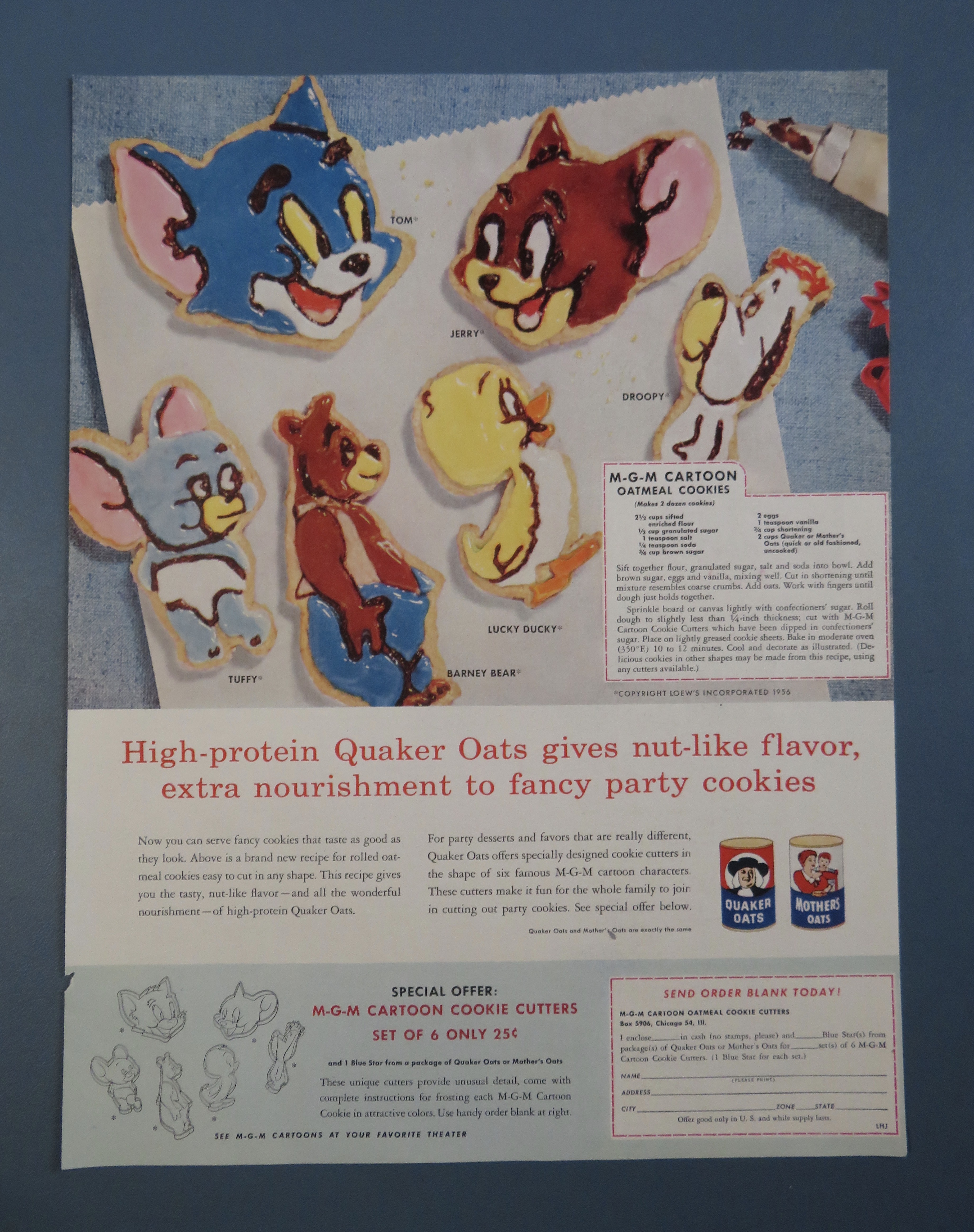 1956 Quaker Oats with MGM Cartoon Oatmeal Cookies