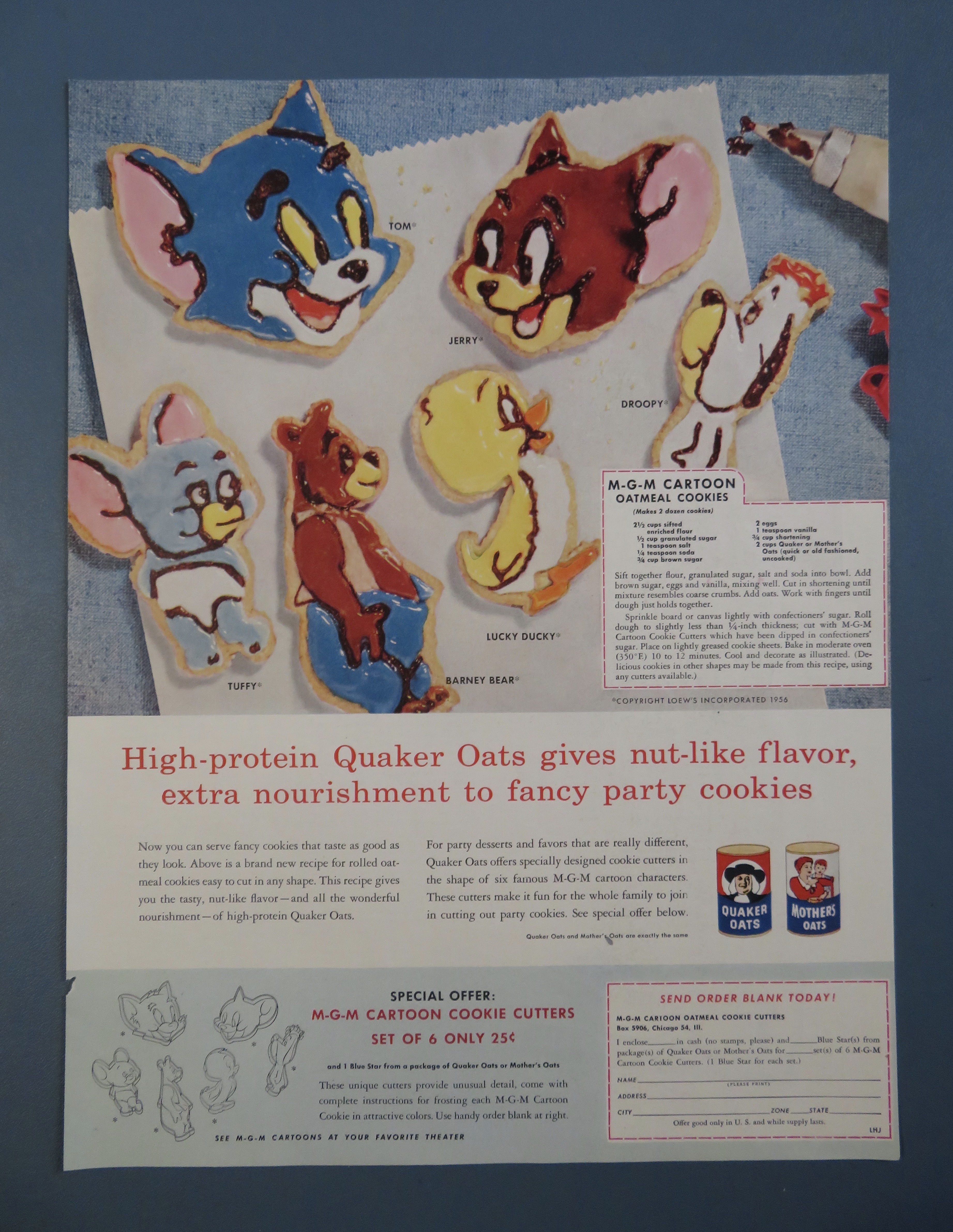 1956 Quaker Oats with MGM Cartoon Oatmeal Cookies