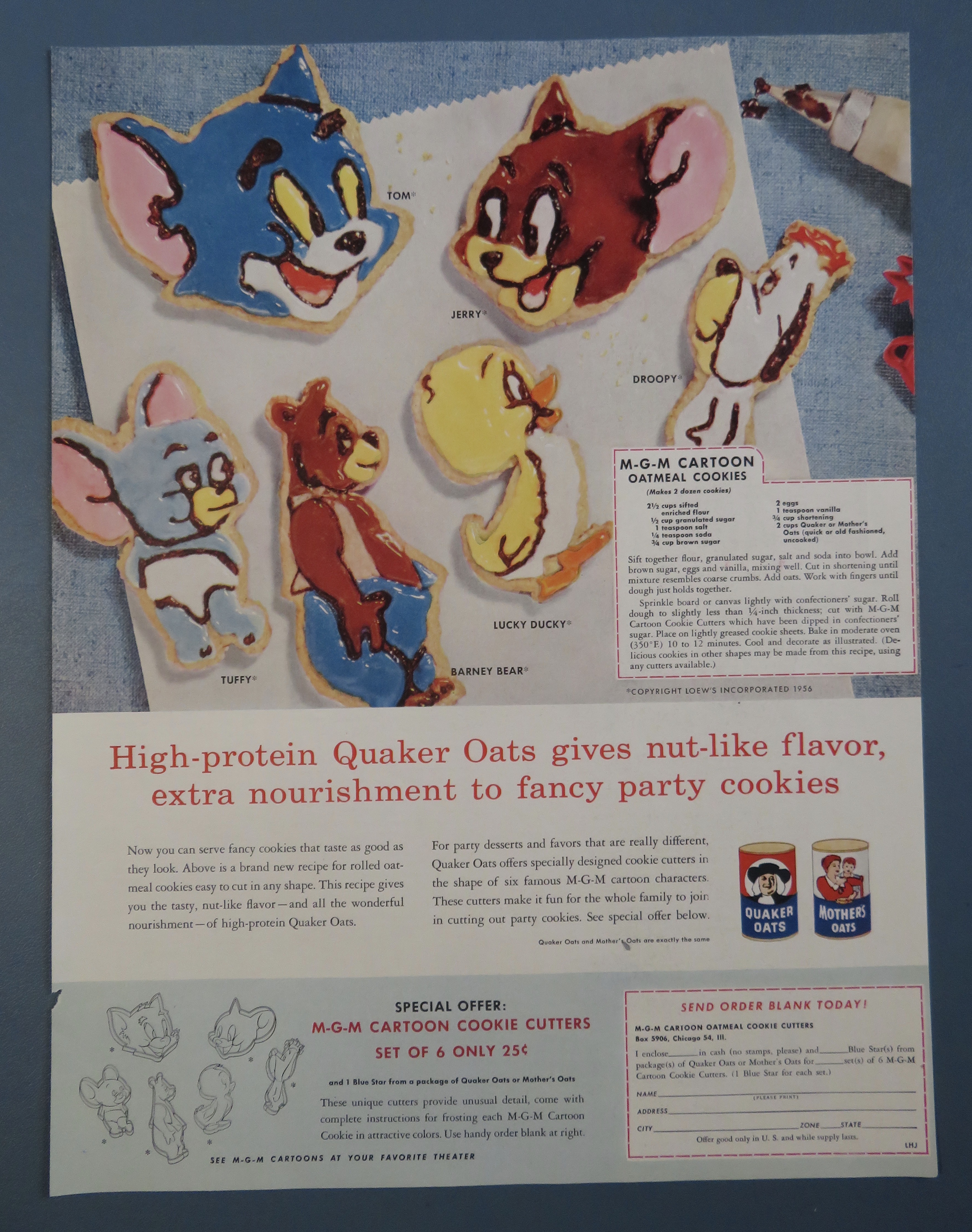 1956 Quaker Oats with MGM Cartoon Oatmeal Cookies