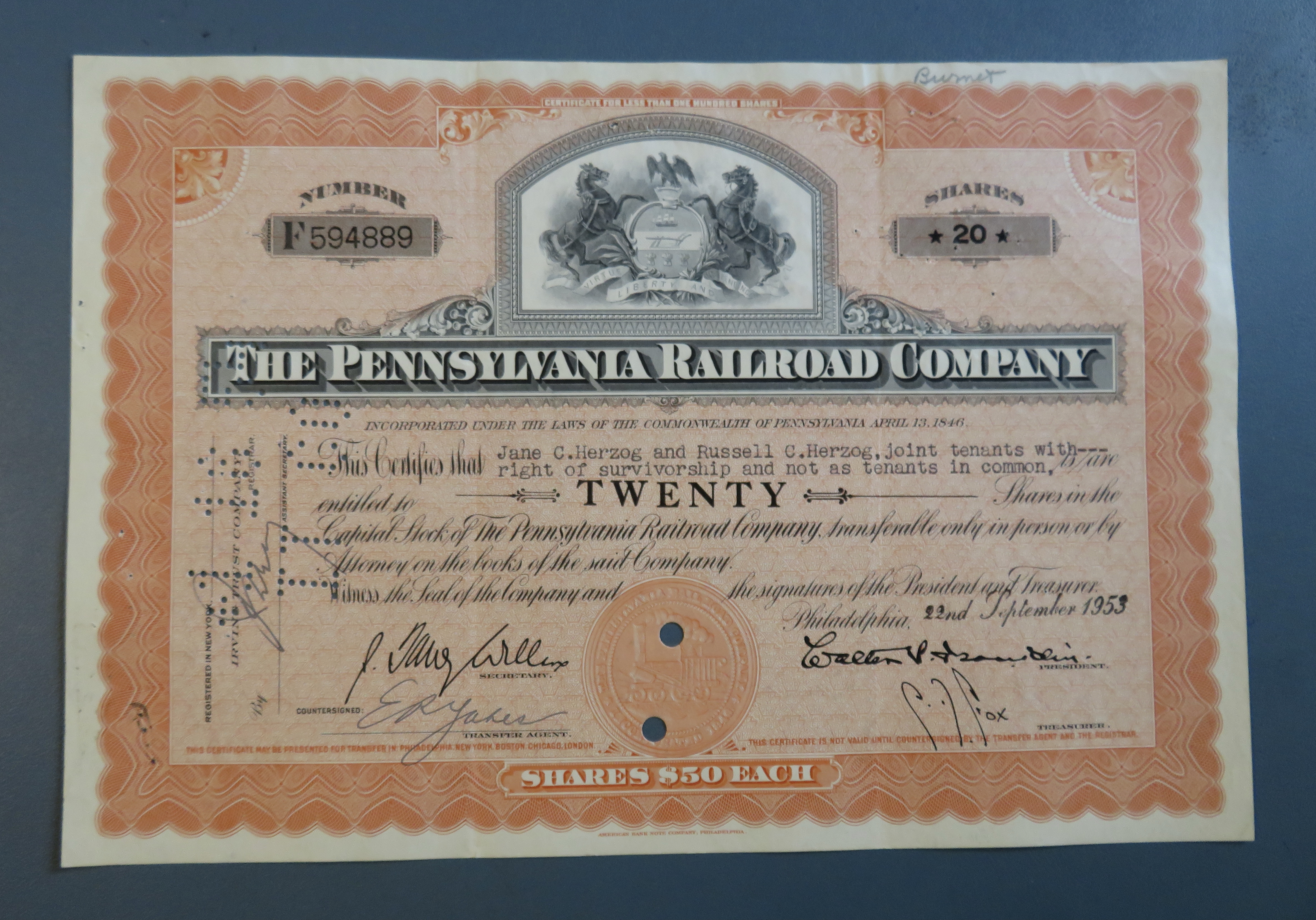1953 The Pennsylvania Railroad Co Stock Certificate