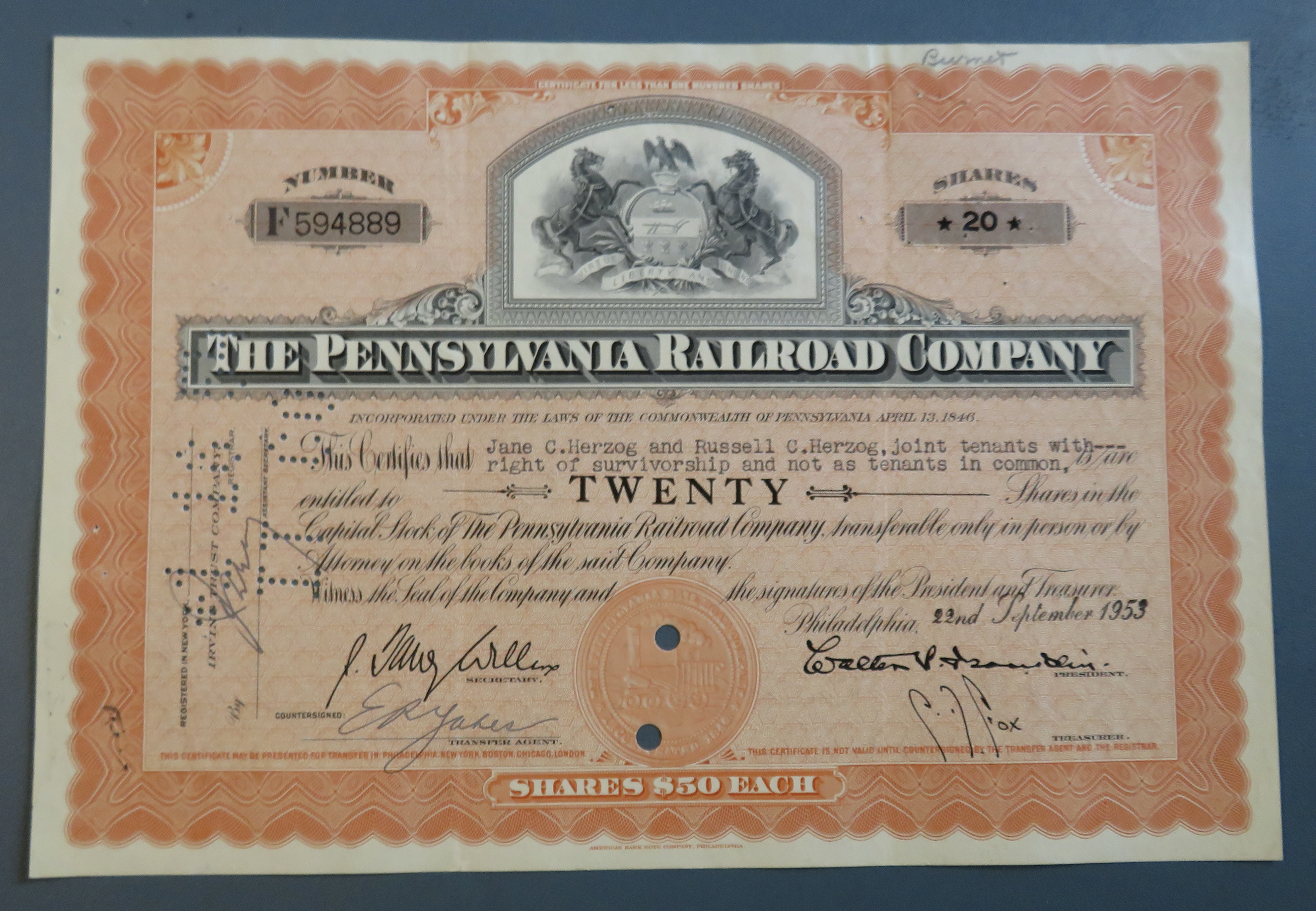 1953 The Pennsylvania Railroad Co Stock Certificate