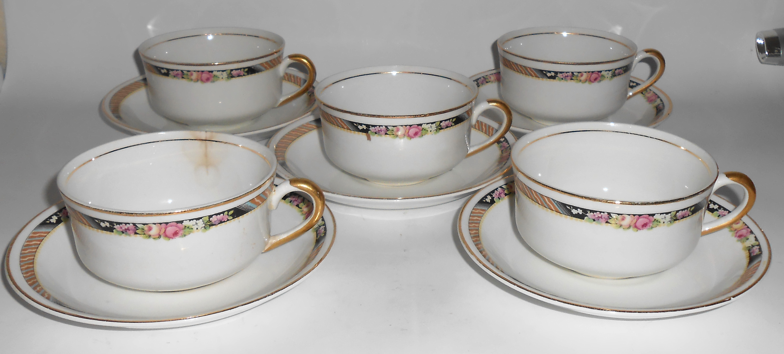 Carrolton China Floral w/Stripes 4 Sets Cups/Saucers!