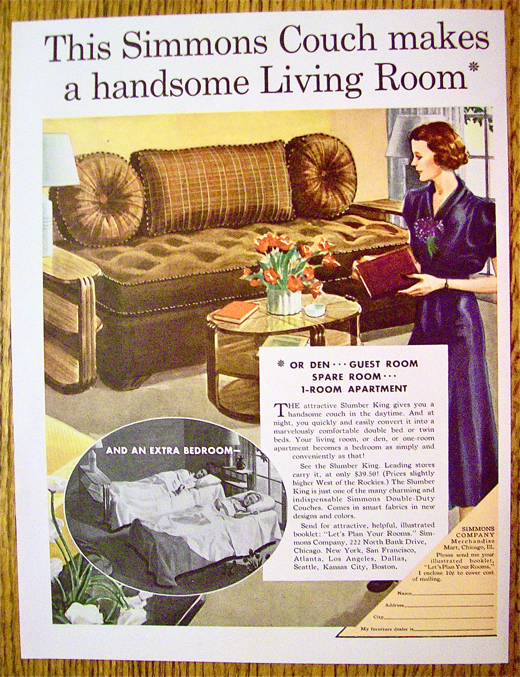 1937 Simmons Couch with Woman Looking At Couch