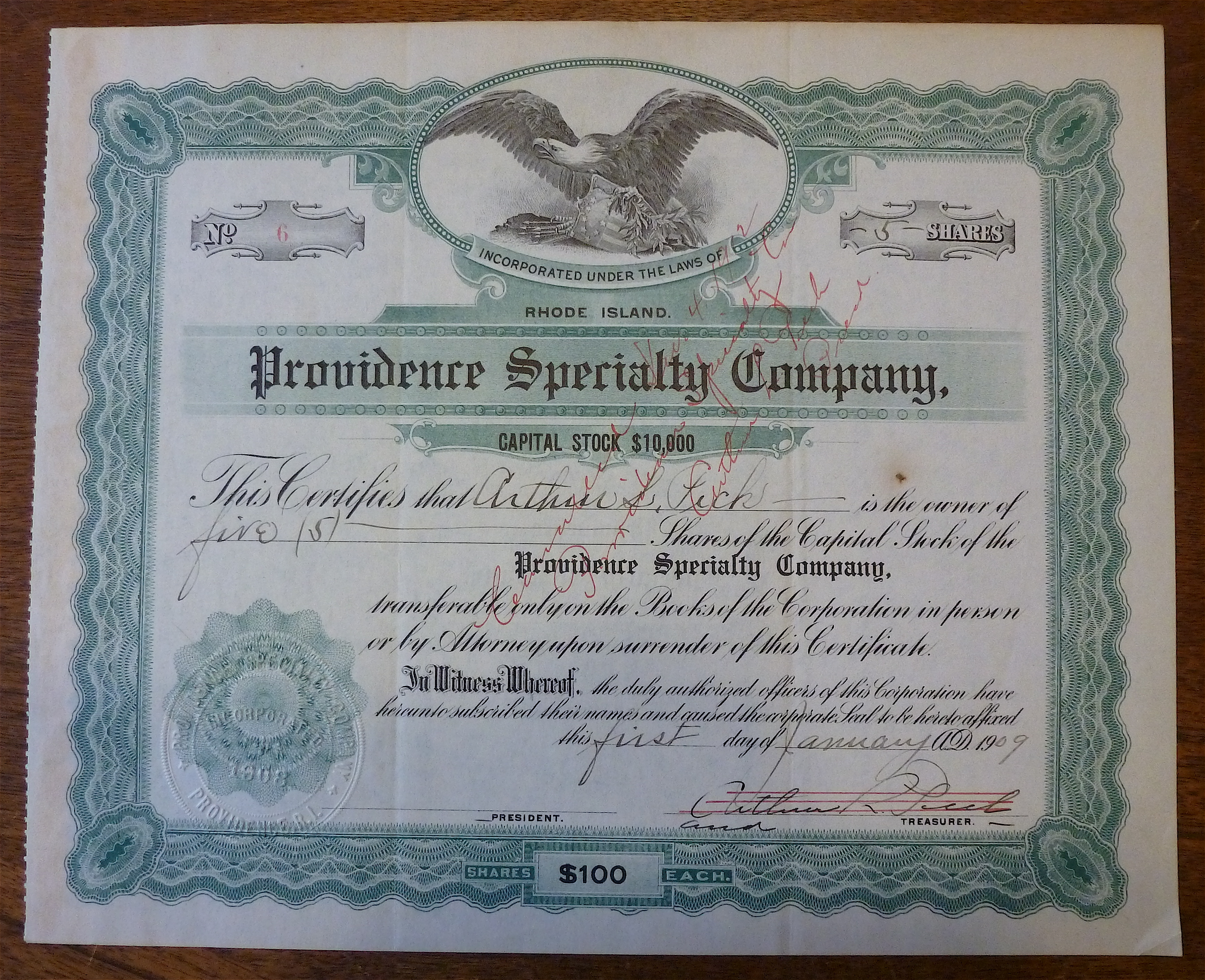 1909 Providence Specialty Co. Stock Certificate