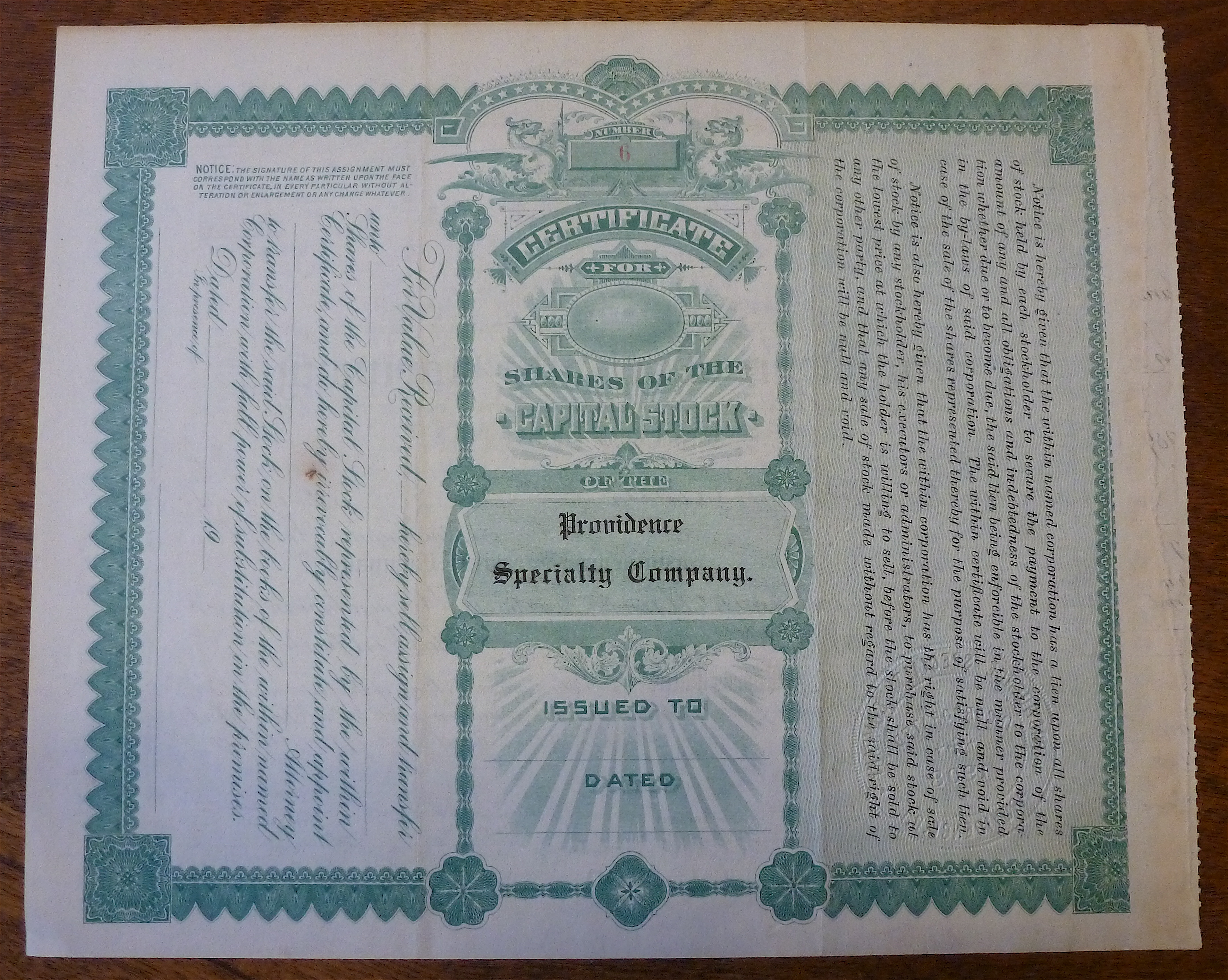 1909 Providence Specialty Co. Stock Certificate