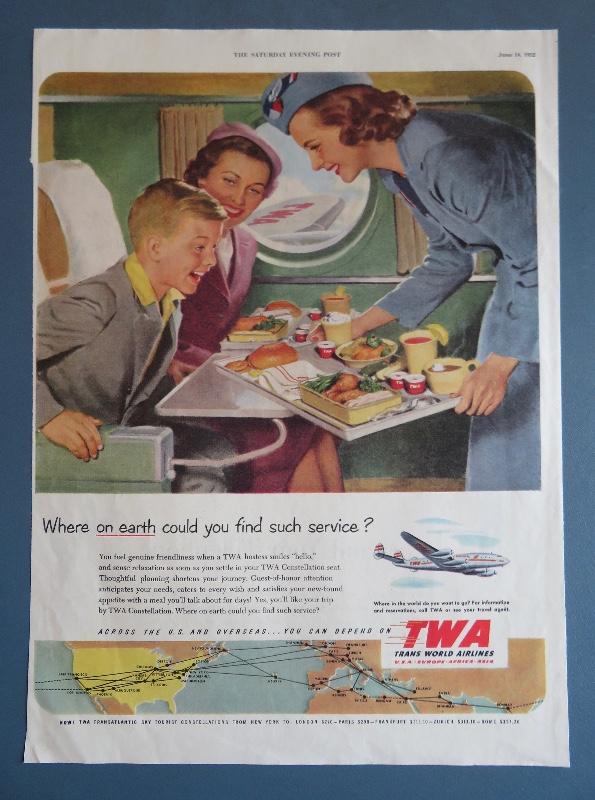 1952 TWA (Trans World Airlines) with Stewardess Serving Little Boy His Dinner