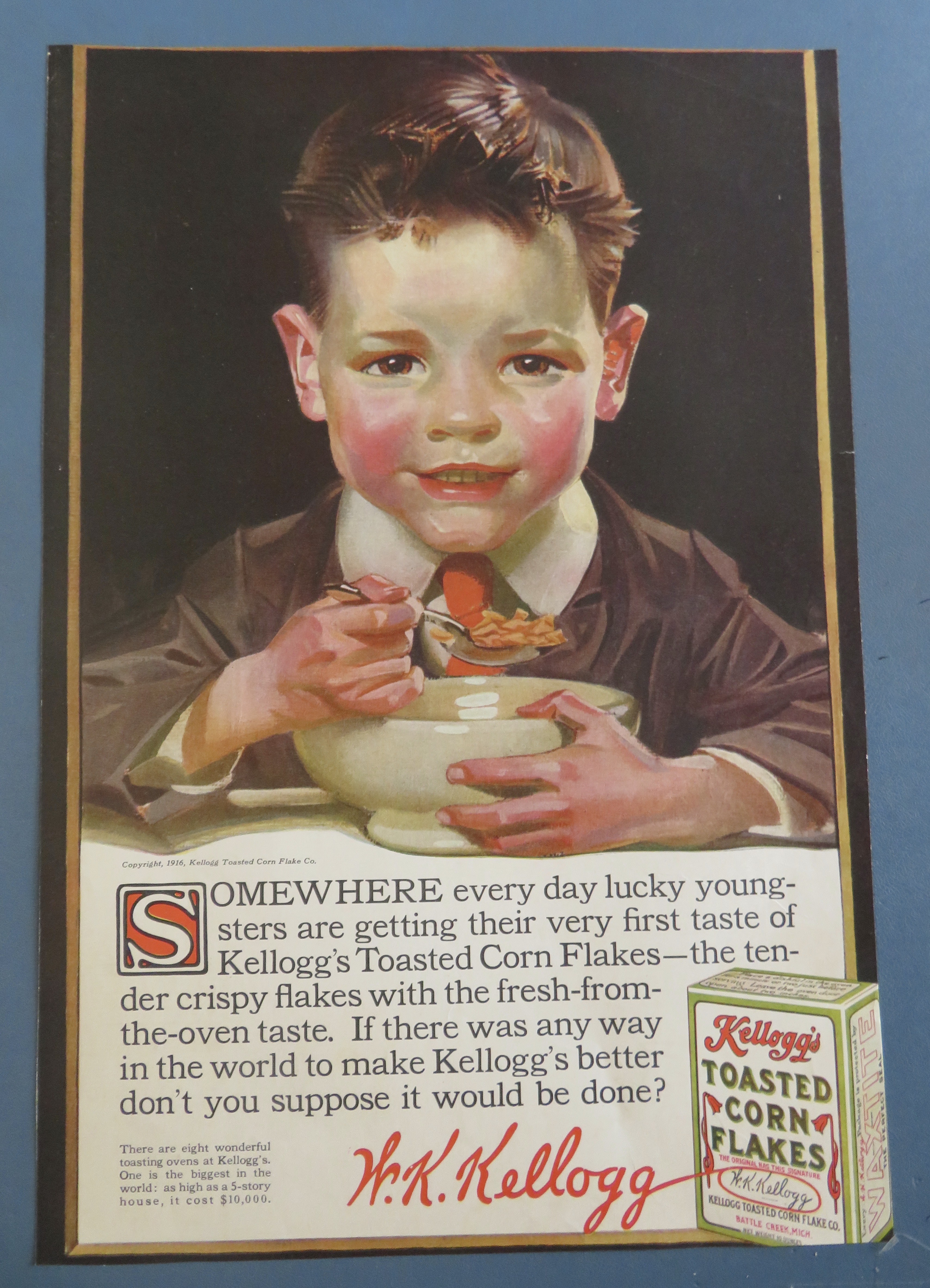 1916 Kellogg's Toasted Corn Flakes w/Boy Eating Cereal