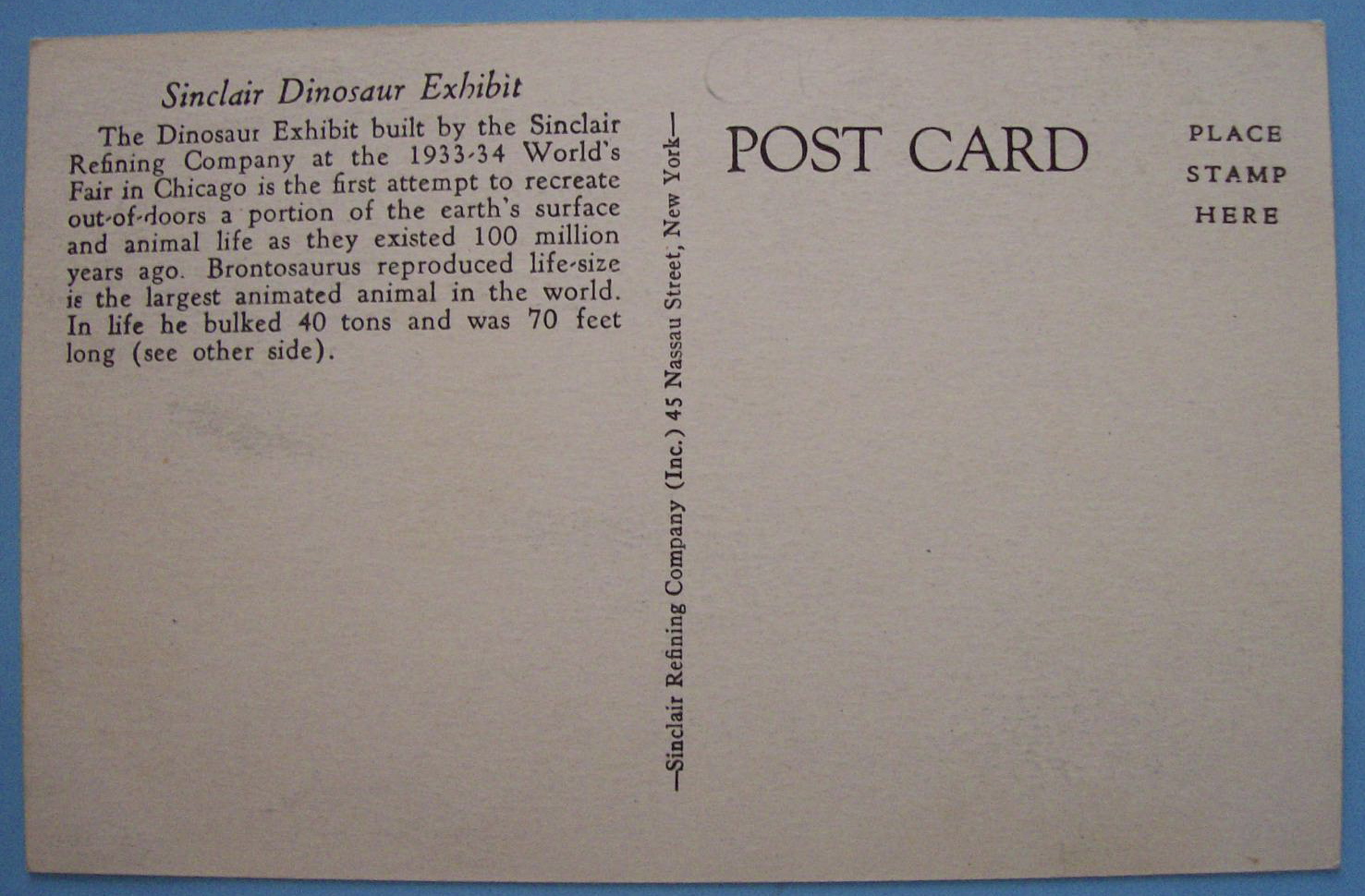 Sinclair Dinosaur Exhibit Postcard-Century Of Progress