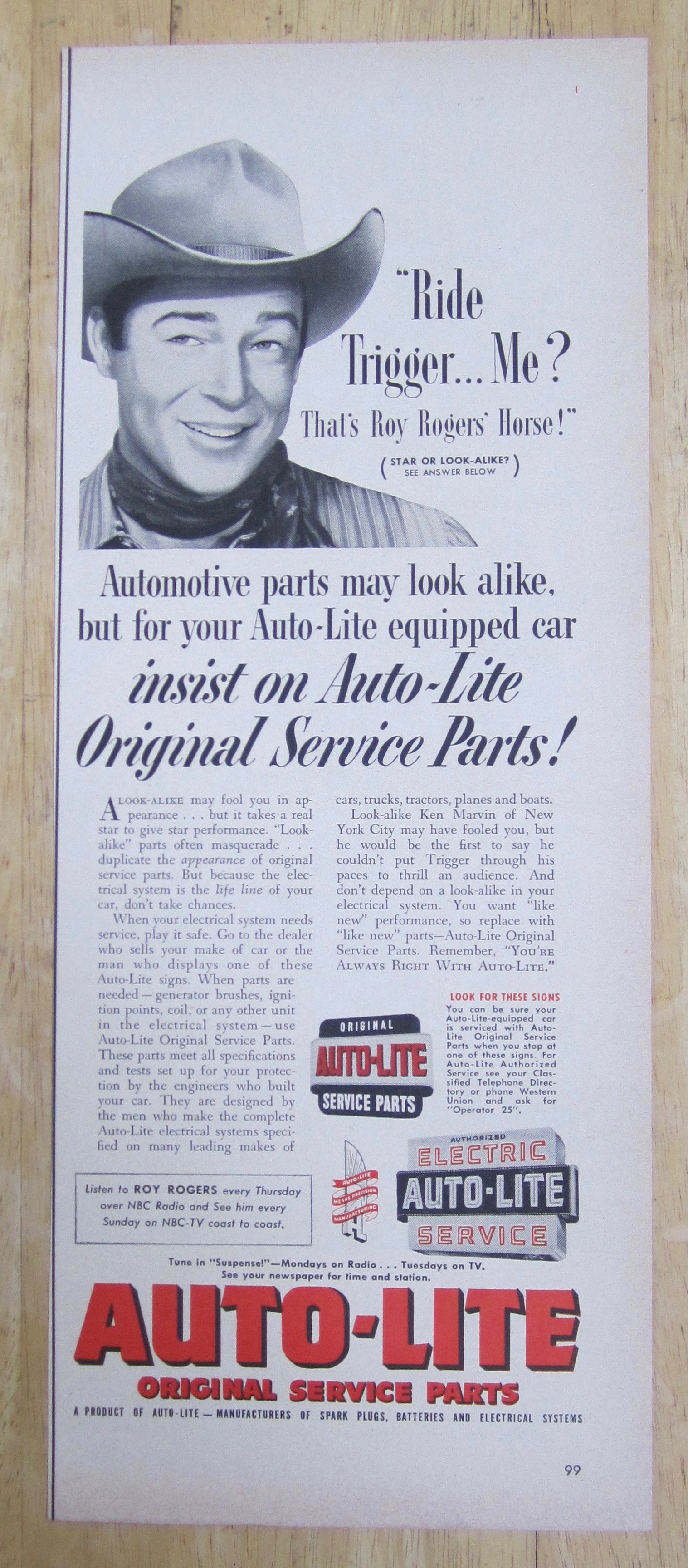 1953 Auto Lite Service Parts with Cowboy Roy Rogers